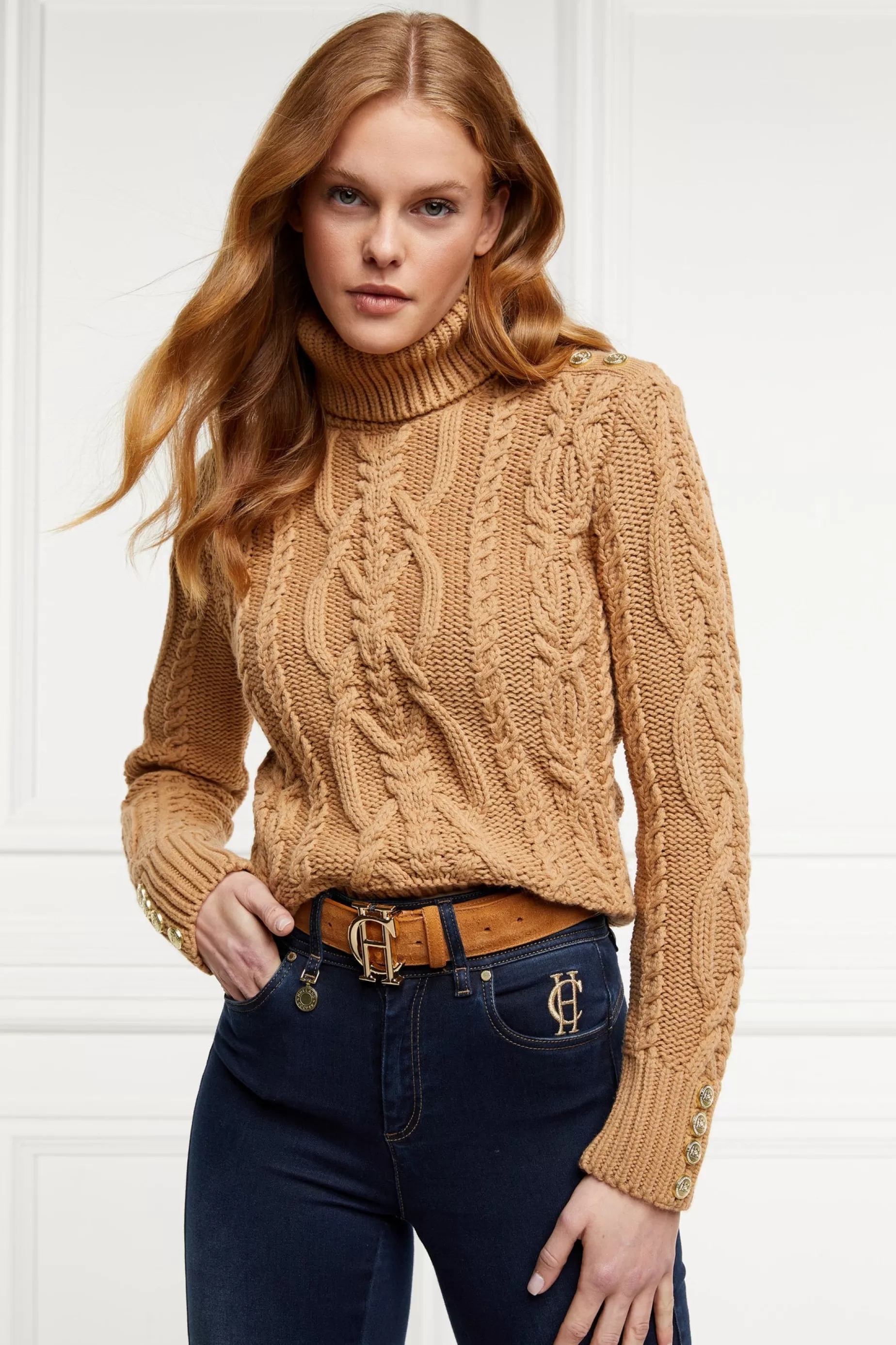 Holland Cooper Knitwear>Belgravia Cable Knit Camel