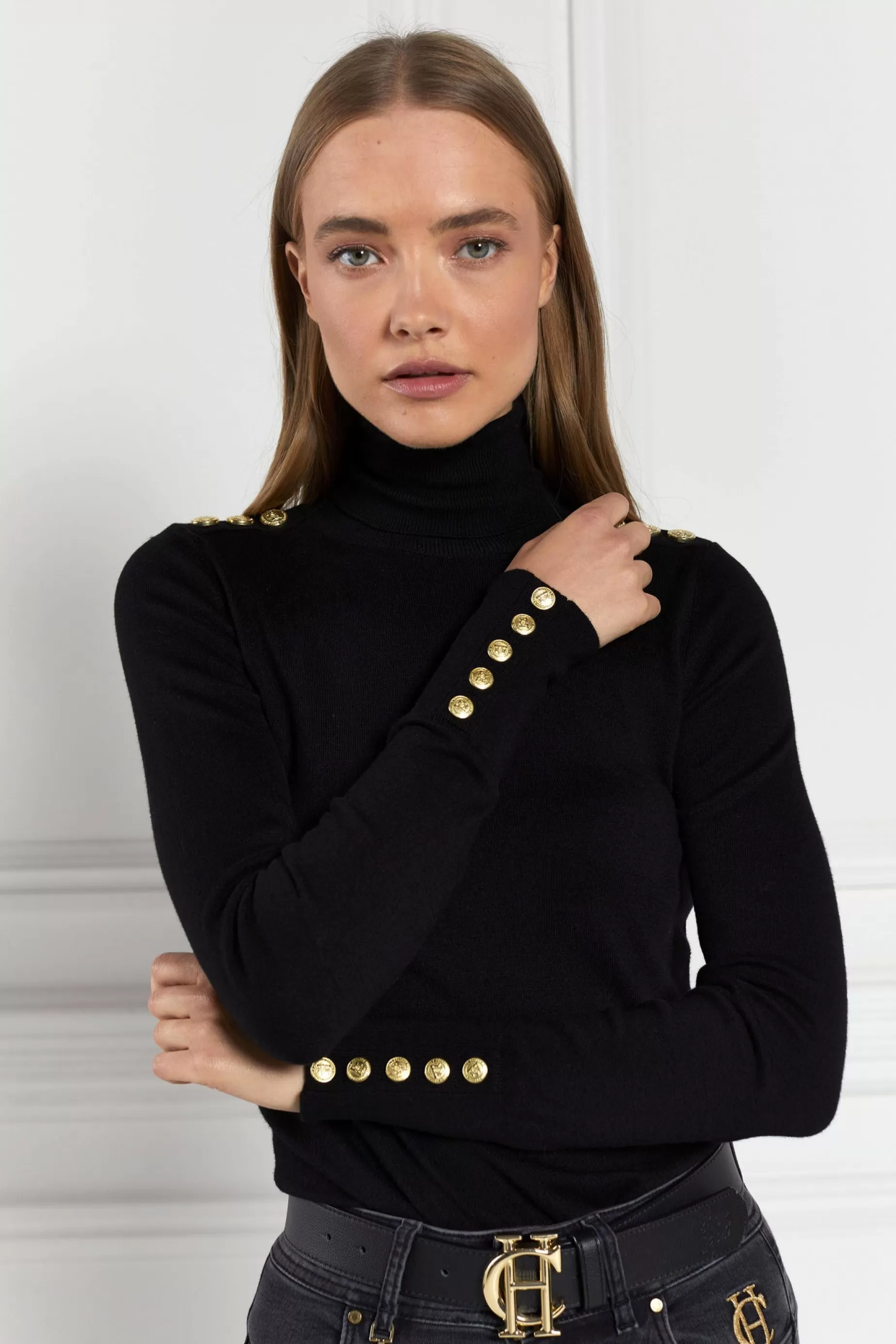 Holland Cooper Knitwear | Seasonal Inspiration>Buttoned Knit Roll Neck Black