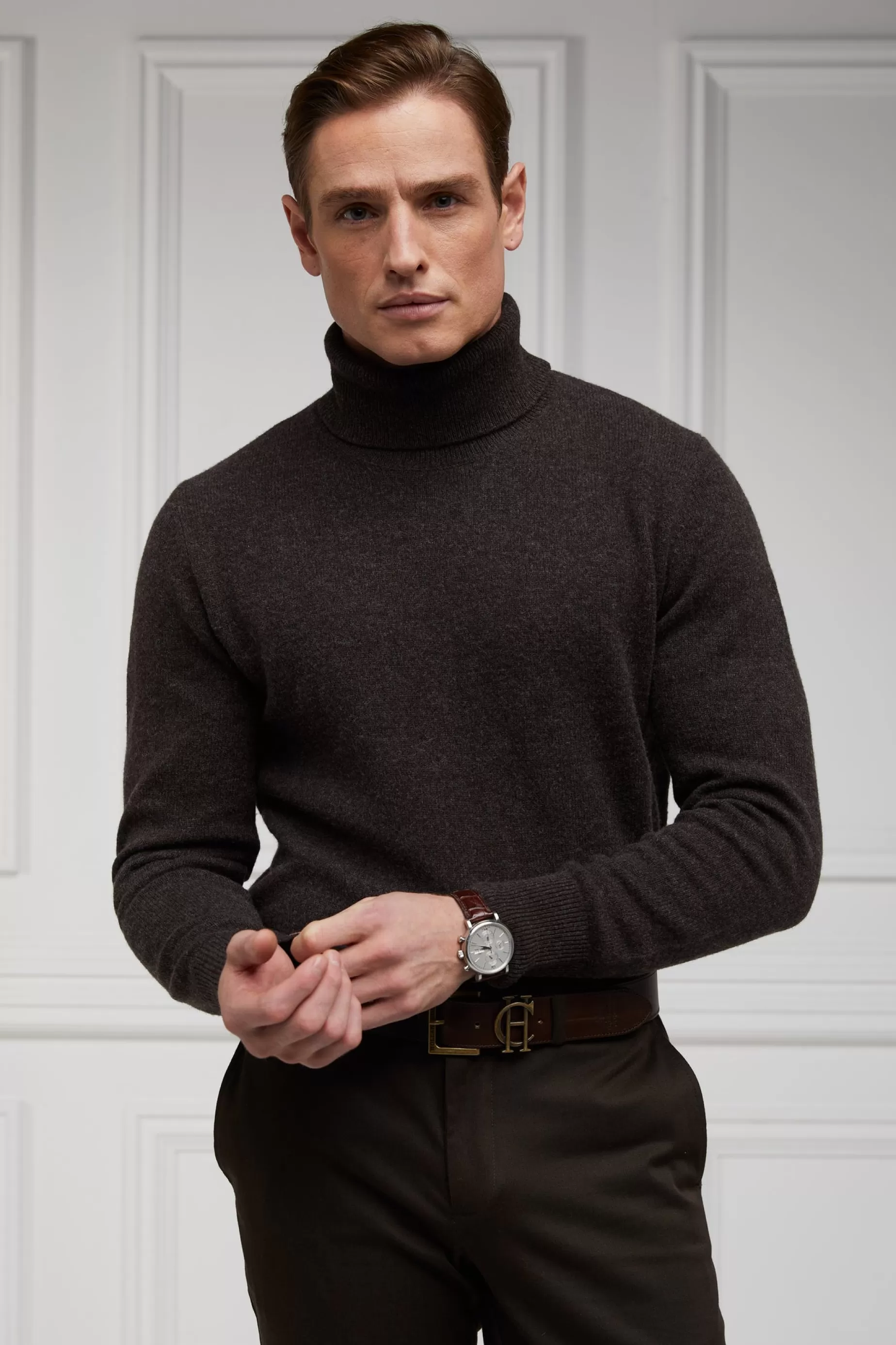 Holland Cooper Gifts For Him | Knitwear>Byron Roll Neck Knit Chocolate