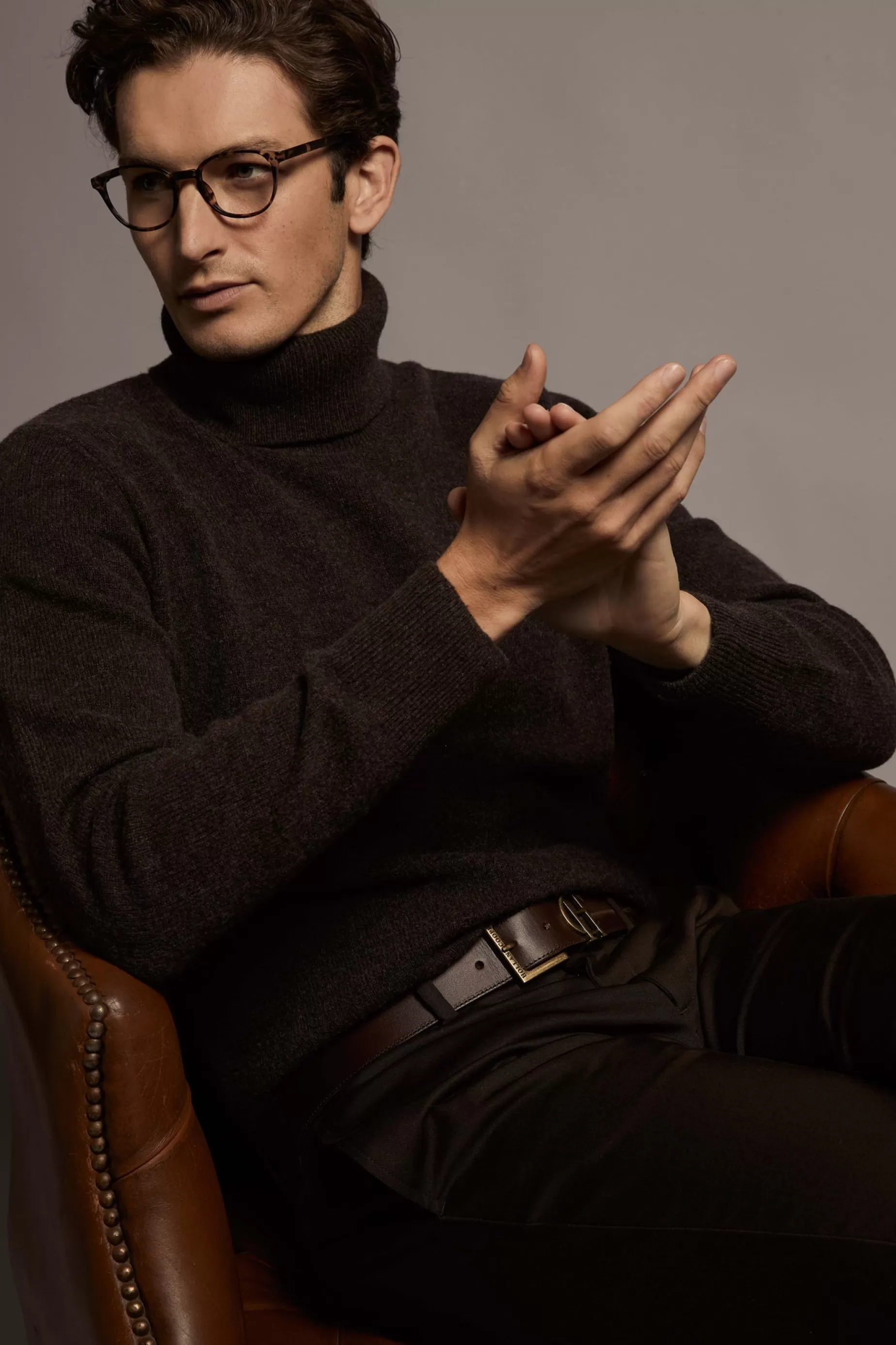 Holland Cooper Gifts For Him | Knitwear>Byron Roll Neck Knit Chocolate