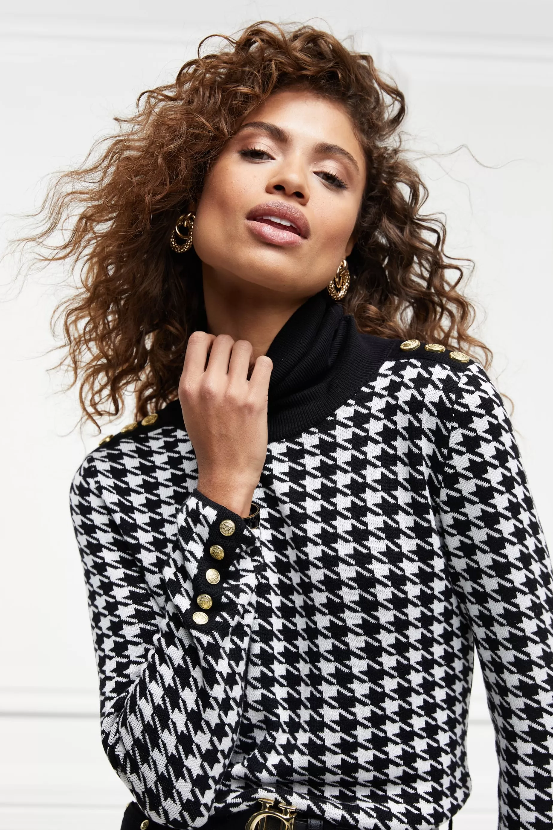 Holland Cooper Knitwear>Classic Roll Neck Knit Houndstooth