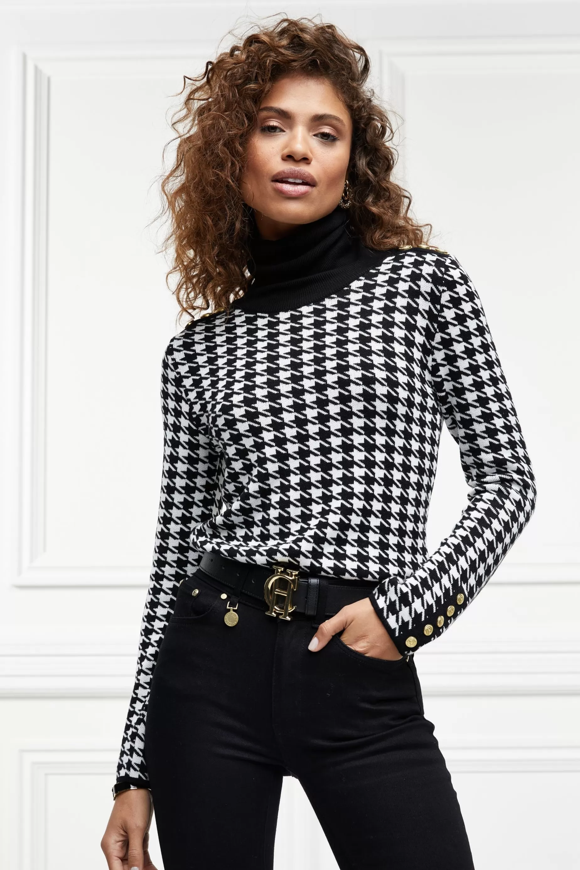 Holland Cooper Knitwear>Classic Roll Neck Knit Houndstooth