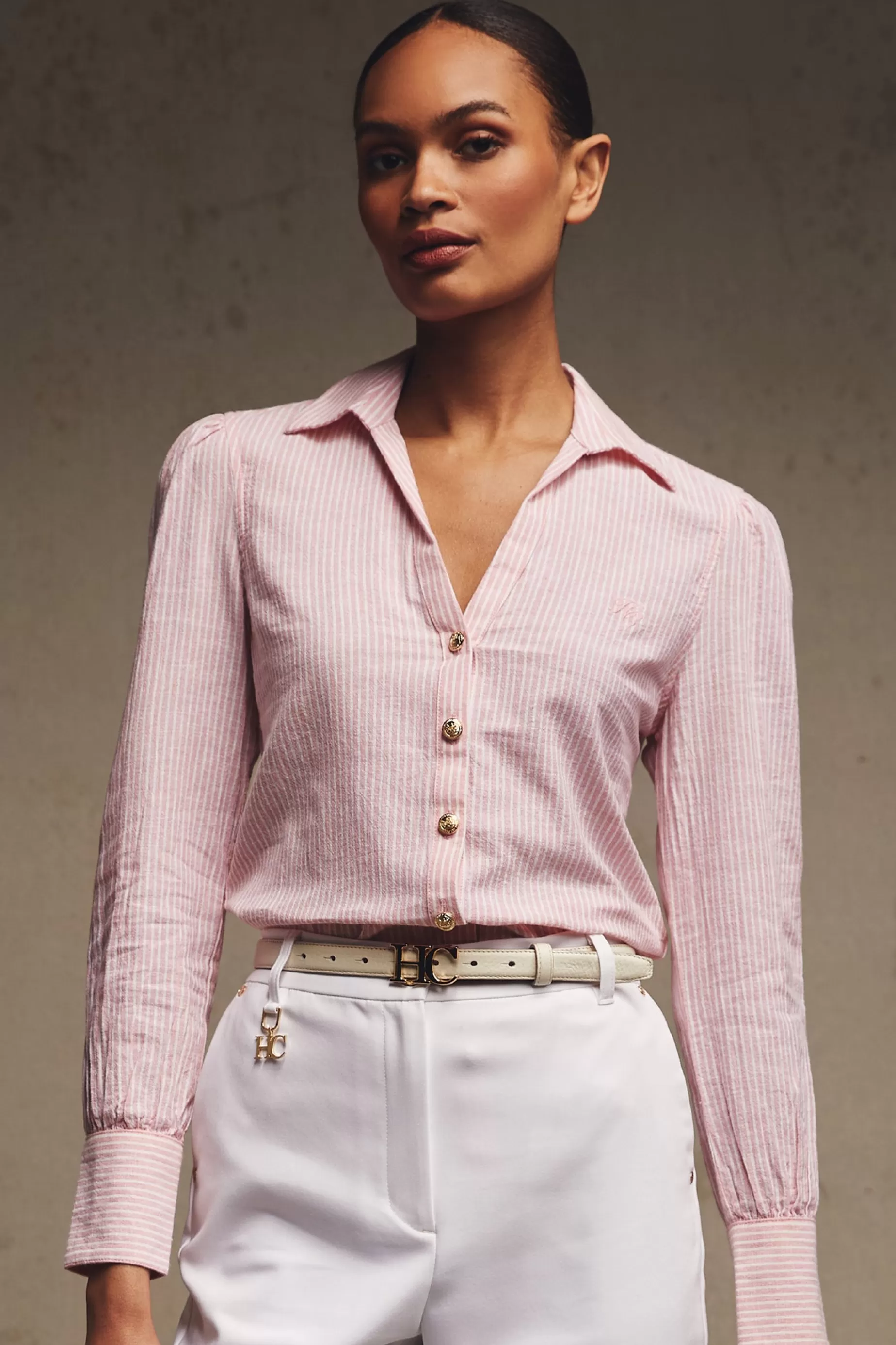 Holland Cooper Shirts & Blouses | Shop By Product>Classic V-Neck Blouse Pink Stripe