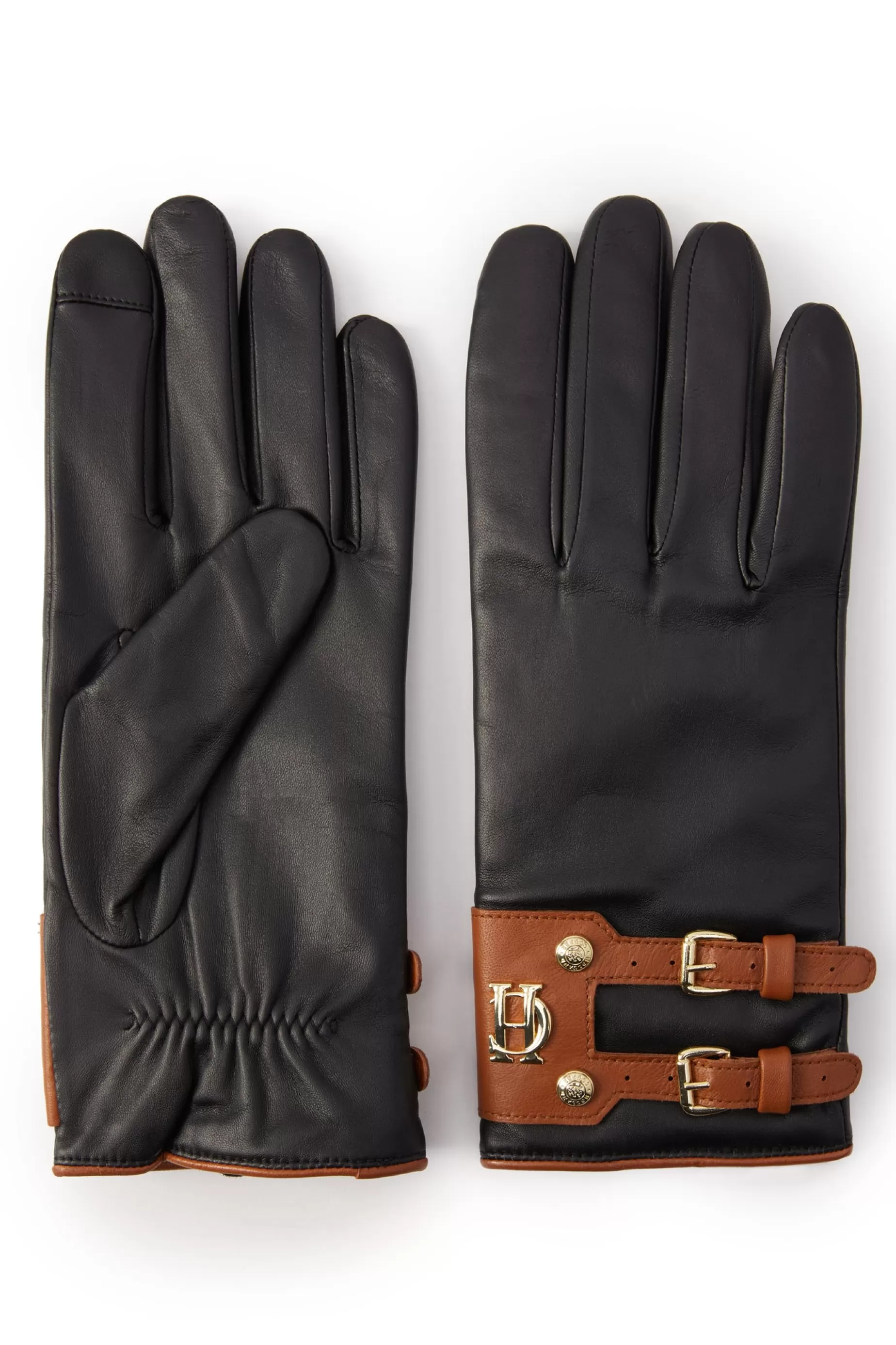 Holland Cooper Accessories | Shop Women>Contrast Leather Gloves Black Tan