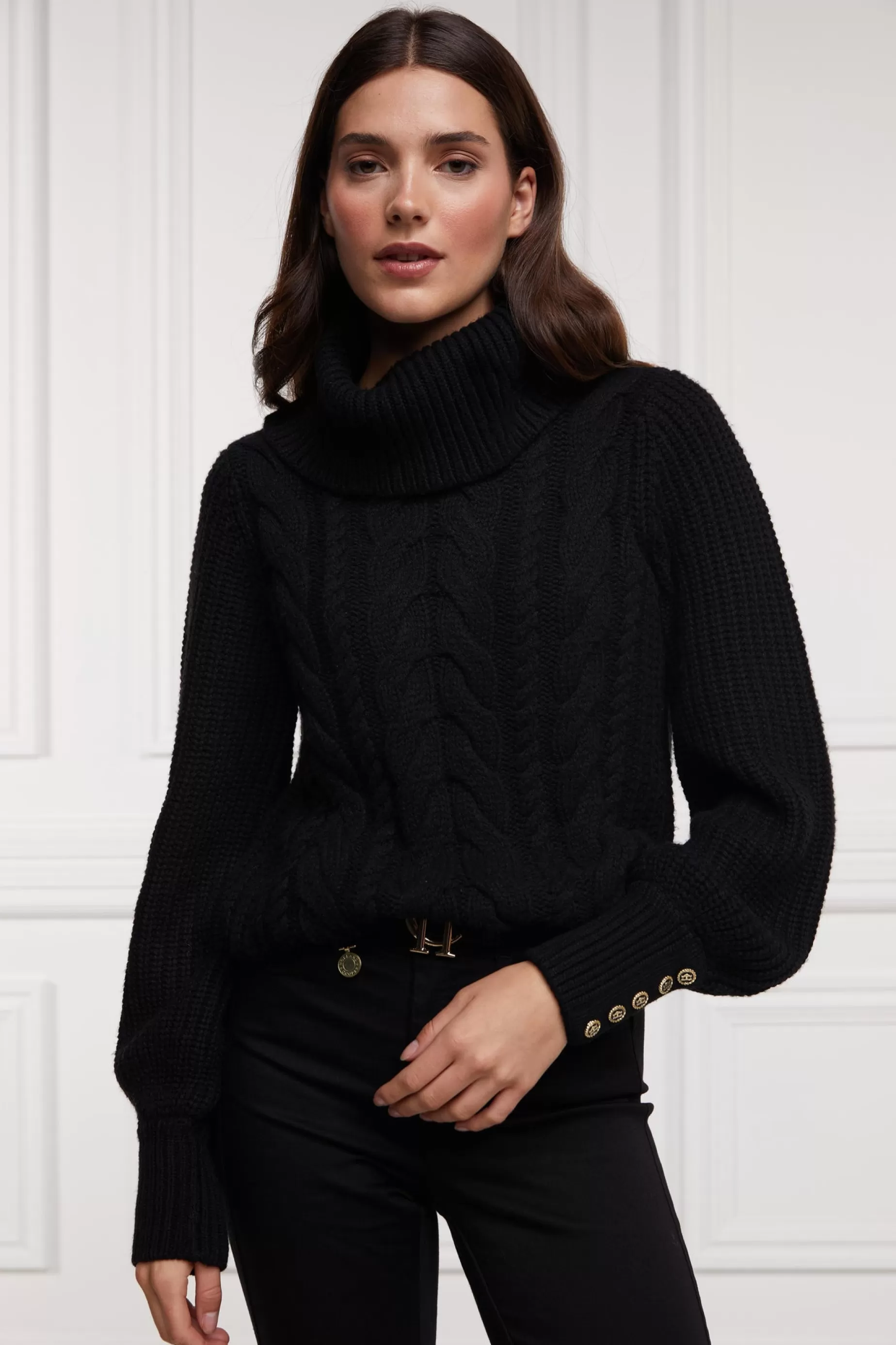 Holland Cooper Knitwear | Après Ski>Corded Roll Neck Knit Black