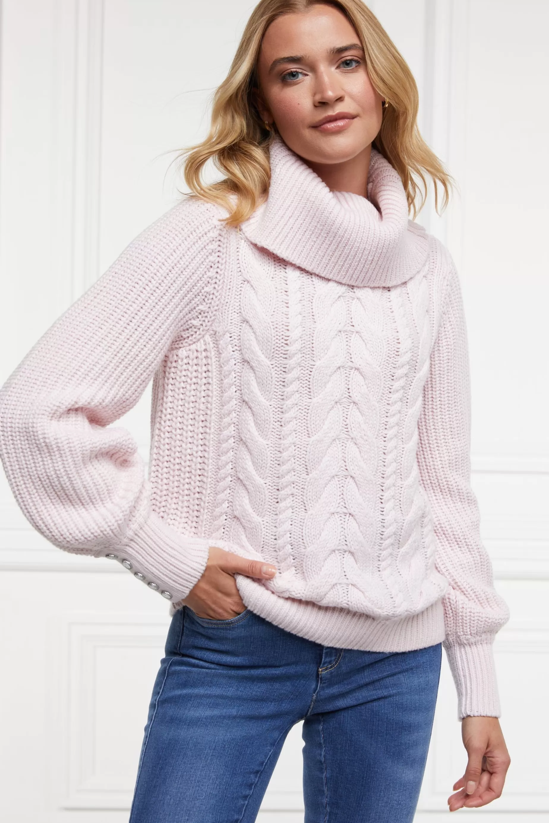 Holland Cooper Knitwear>Corded Roll Neck Knit Ice Pink