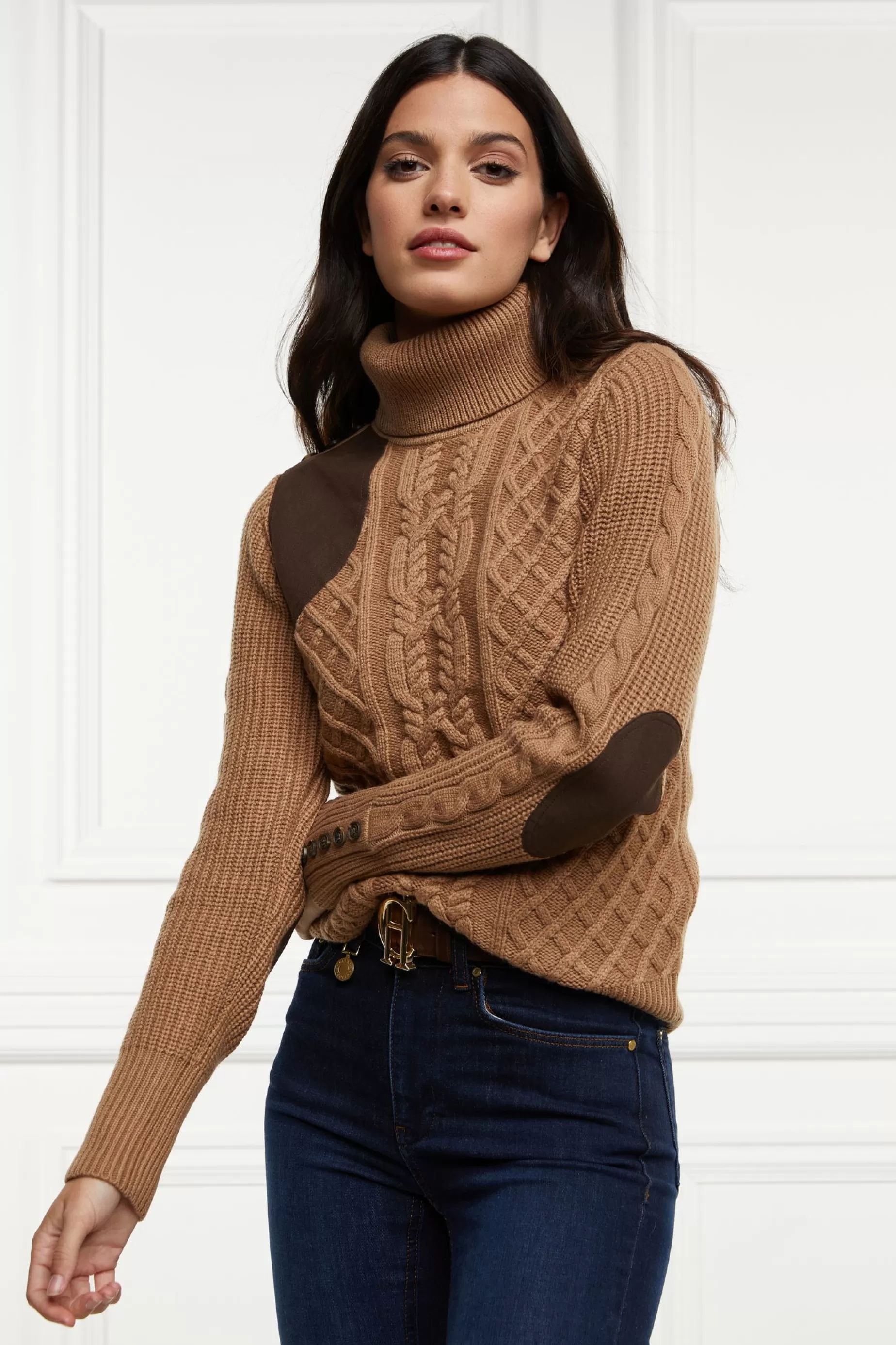 Holland Cooper Knitwear>Country Roll Neck Knit Caramel