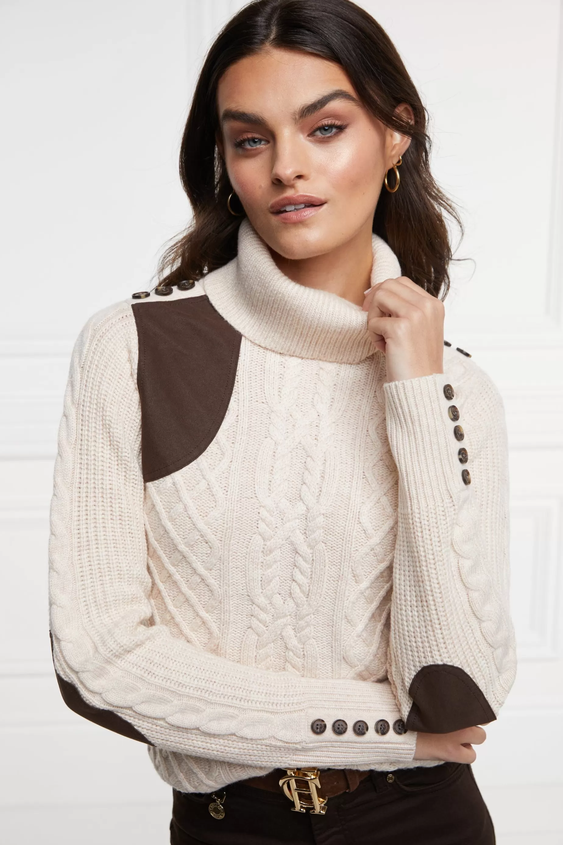 Holland Cooper Knitwear>Country Roll Neck Knit Oatmeal