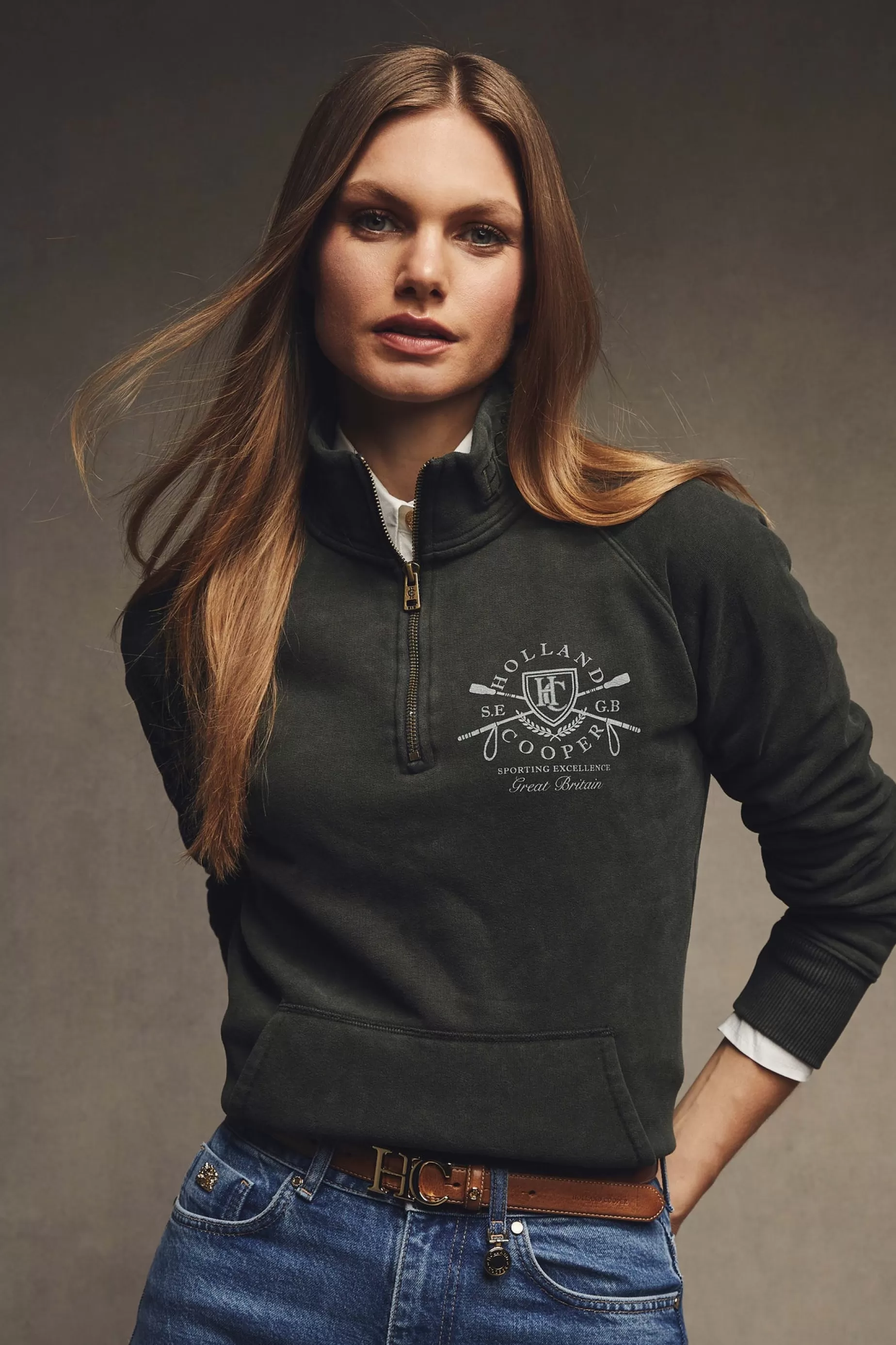 Holland Cooper Sweatshirts | Casualwear>Crest Zip Henley Racing Green