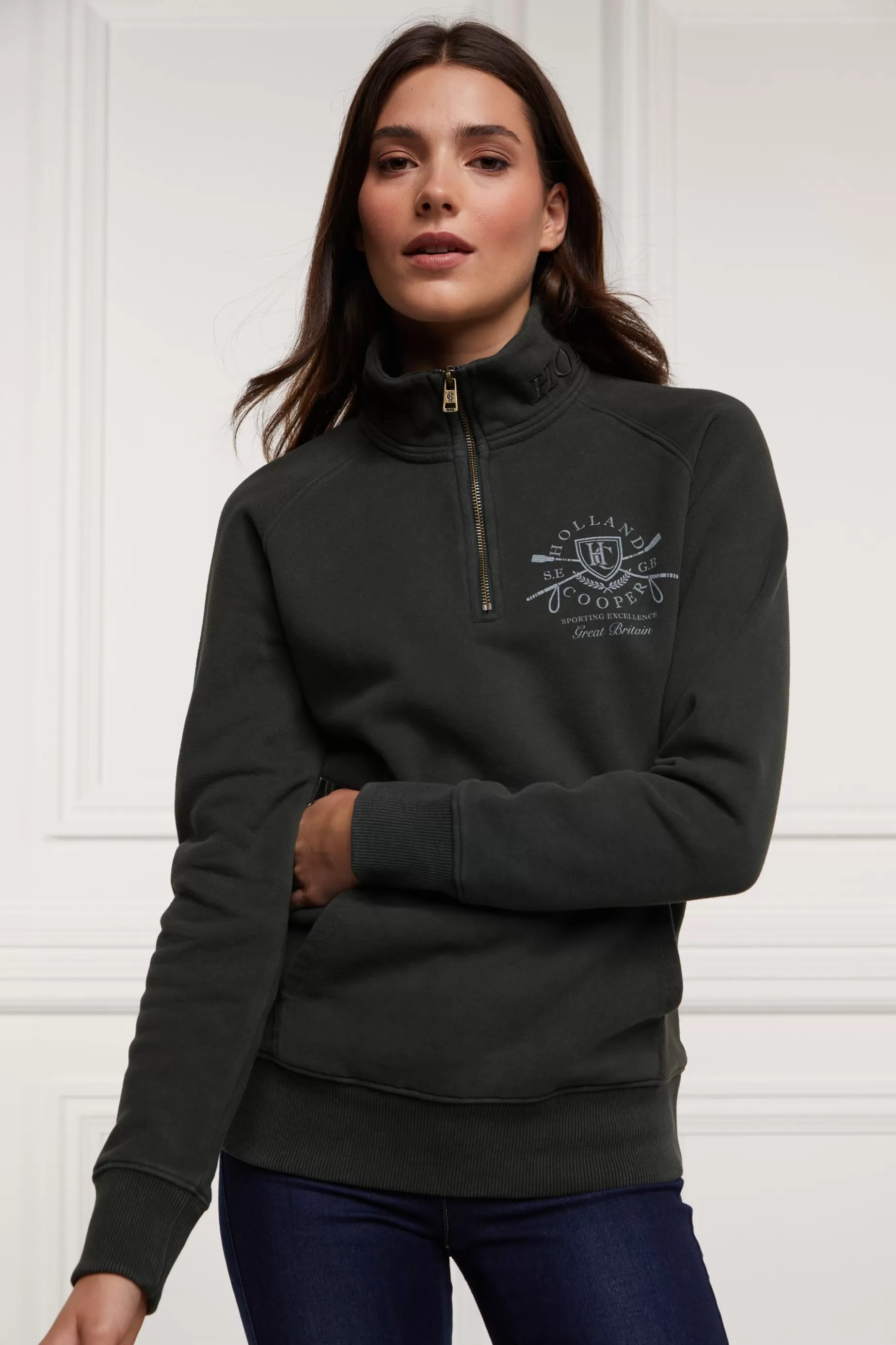 Holland Cooper Sweatshirts | Casualwear>Crest Zip Henley Racing Green