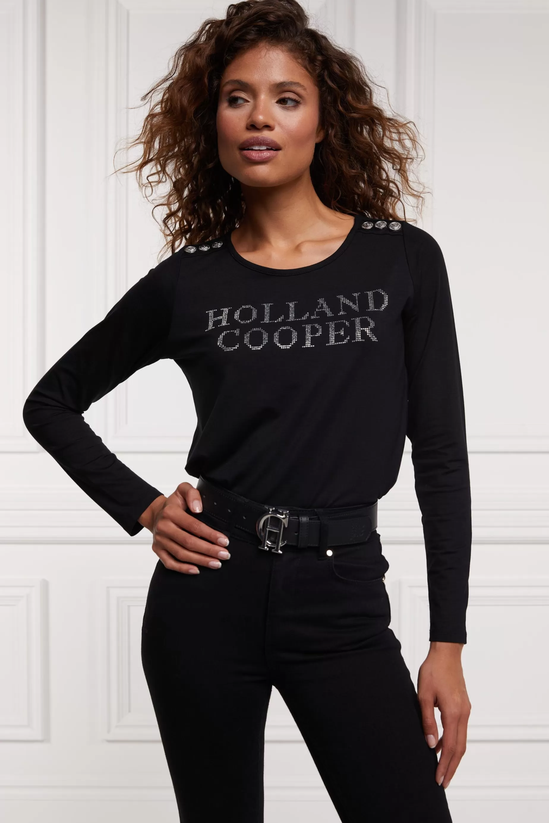 Holland Cooper Tees | Casualwear>Diamante Long Sleeve Crew Neck Tee Black Silver