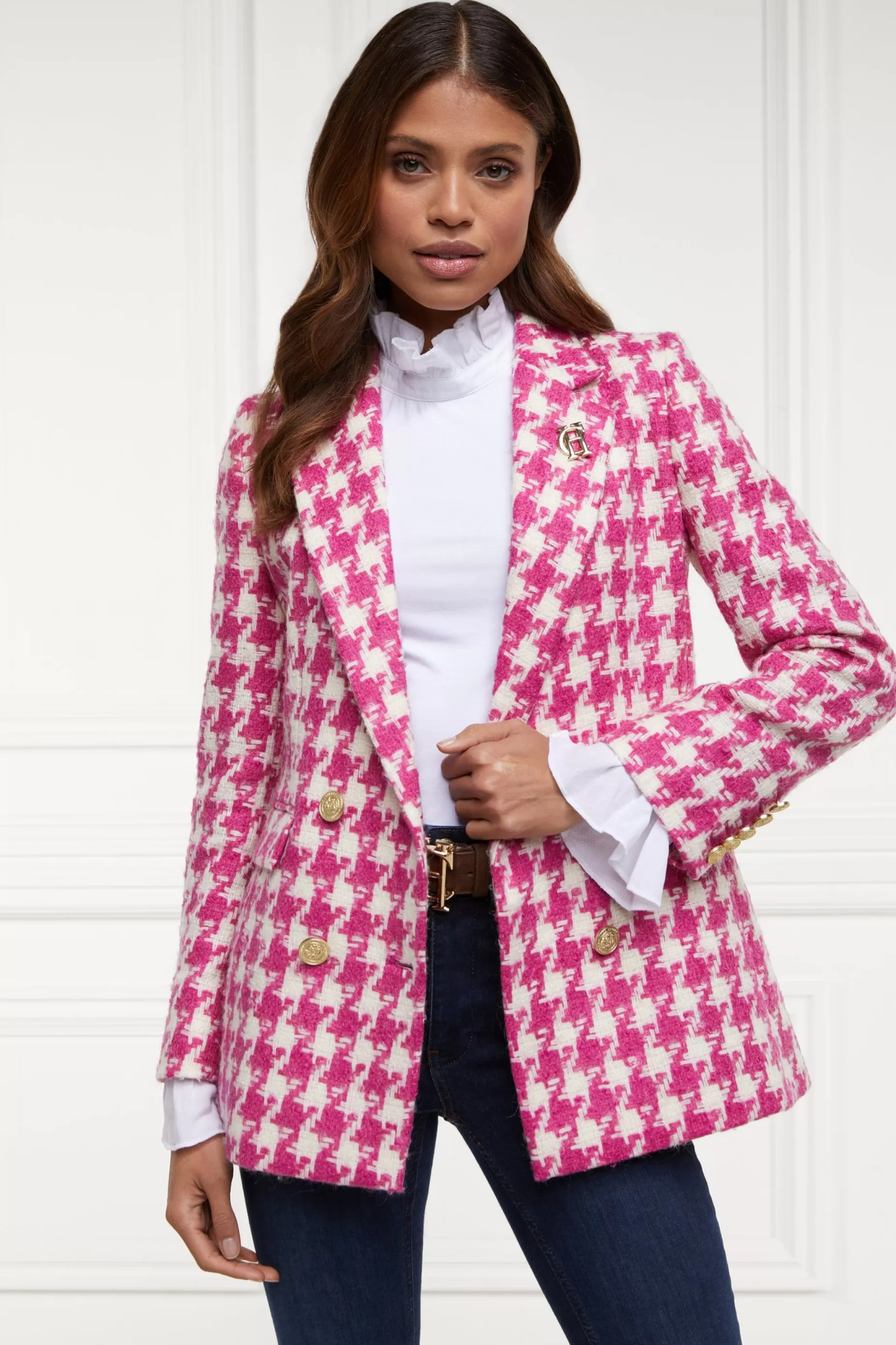 Holland Cooper Gifts For Her | Blazers>Double Breasted Blazer Hot Pink Large Scale Houndstooth