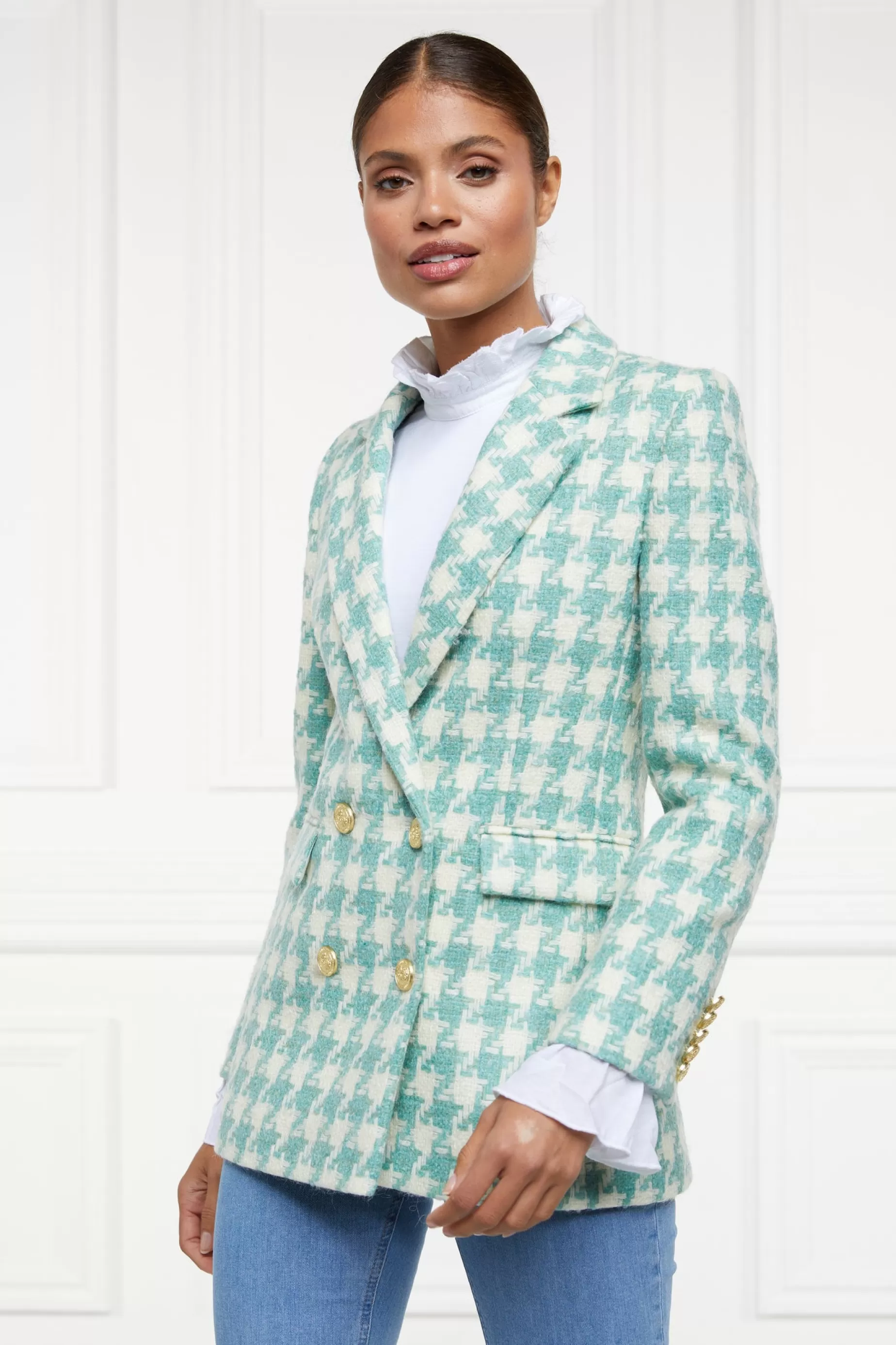 Holland Cooper Blazers | Jackets>Double Breasted Blazer Large Scale Teal Houndstooth