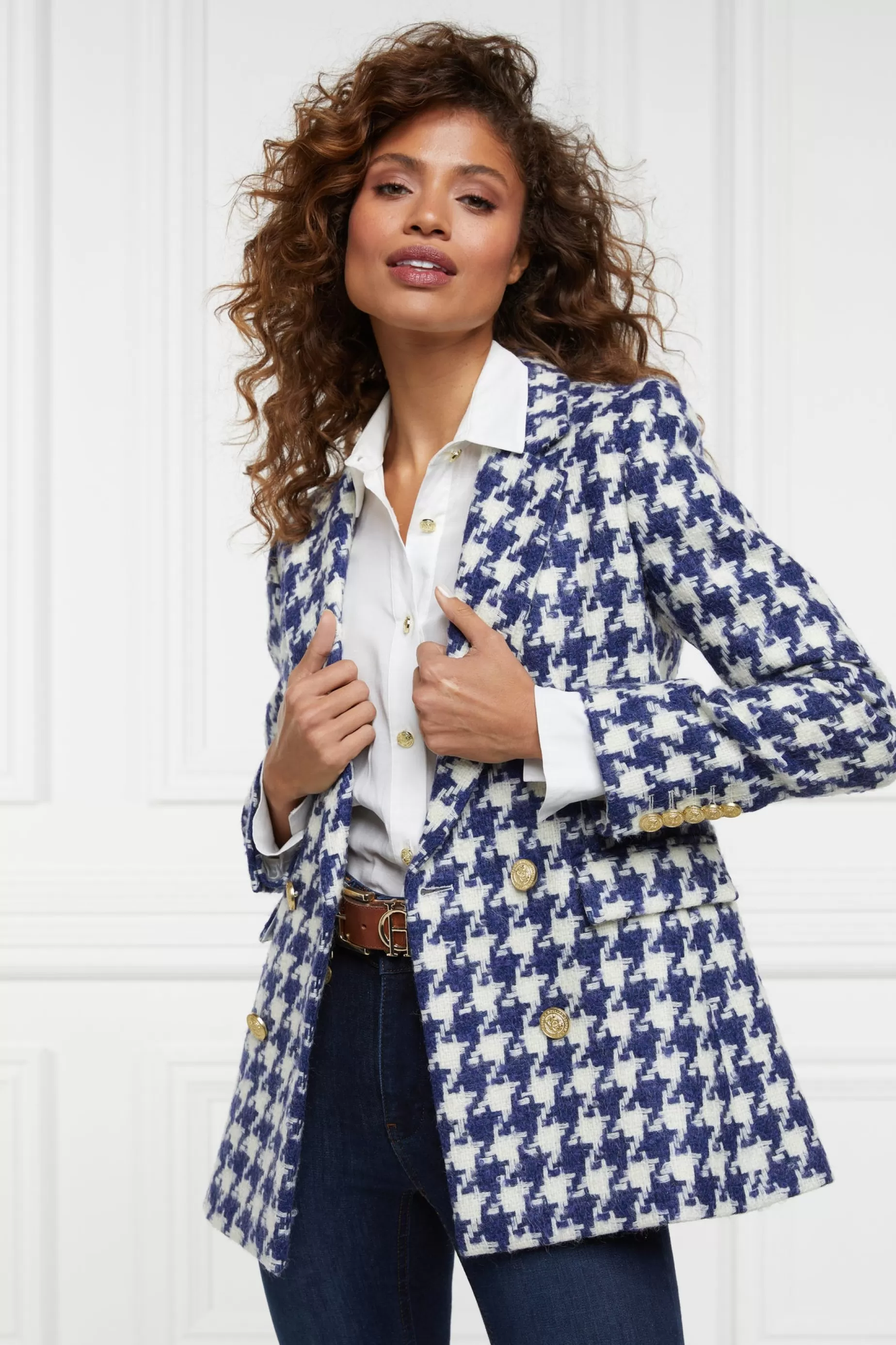 Holland Cooper Blazers | Jackets>Double Breasted Blazer Large Scale Navy Houndstooth