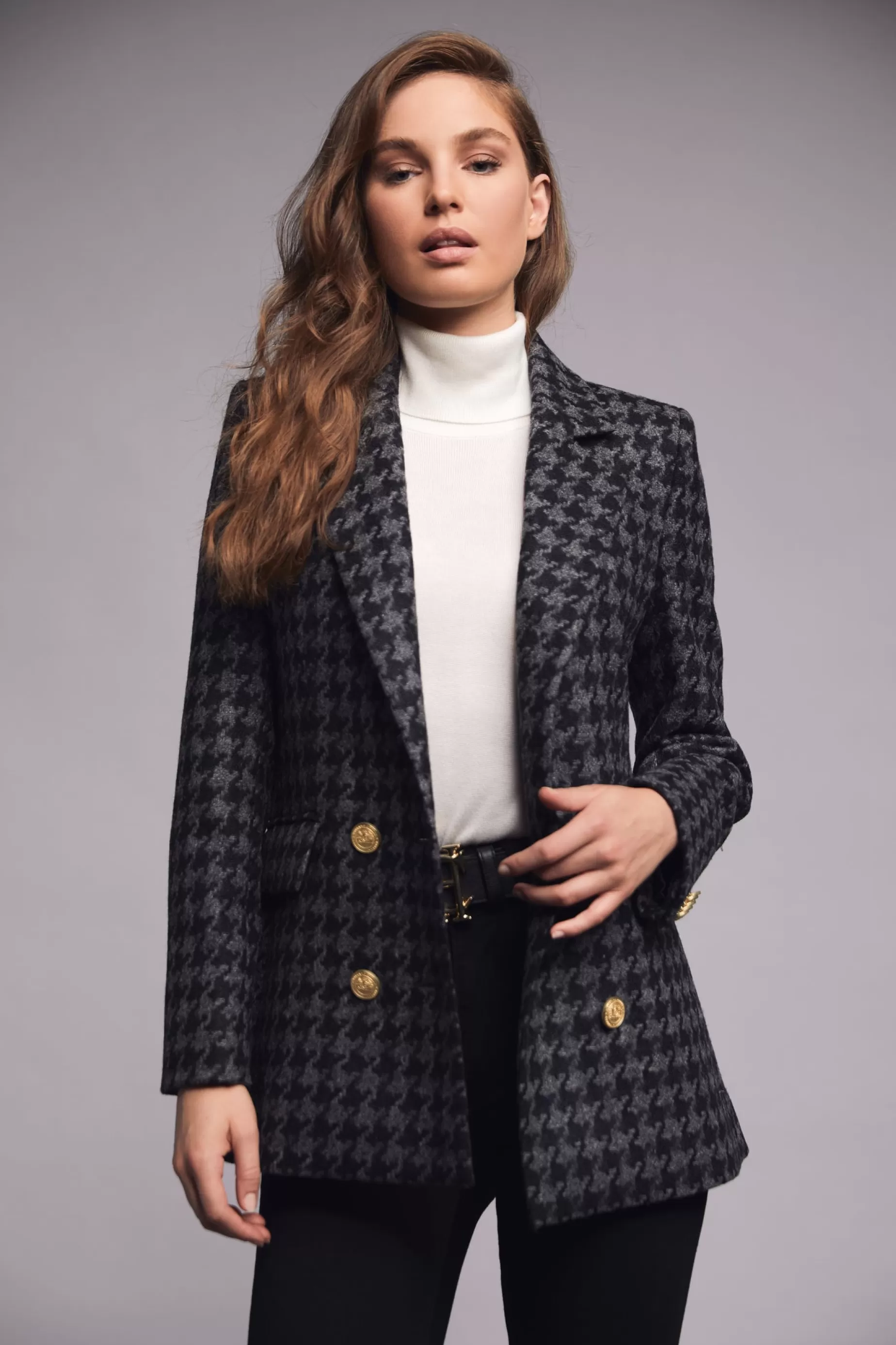 Holland Cooper Blazers | Jackets>Double Breasted Blazer Large Scale Charcoal Houndstooth