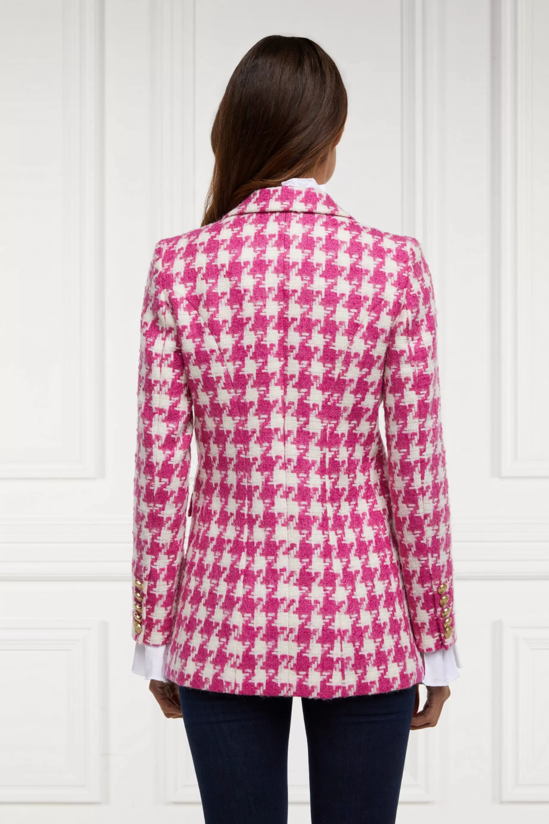 Holland Cooper Gifts For Her | Blazers>Double Breasted Blazer Hot Pink Large Scale Houndstooth