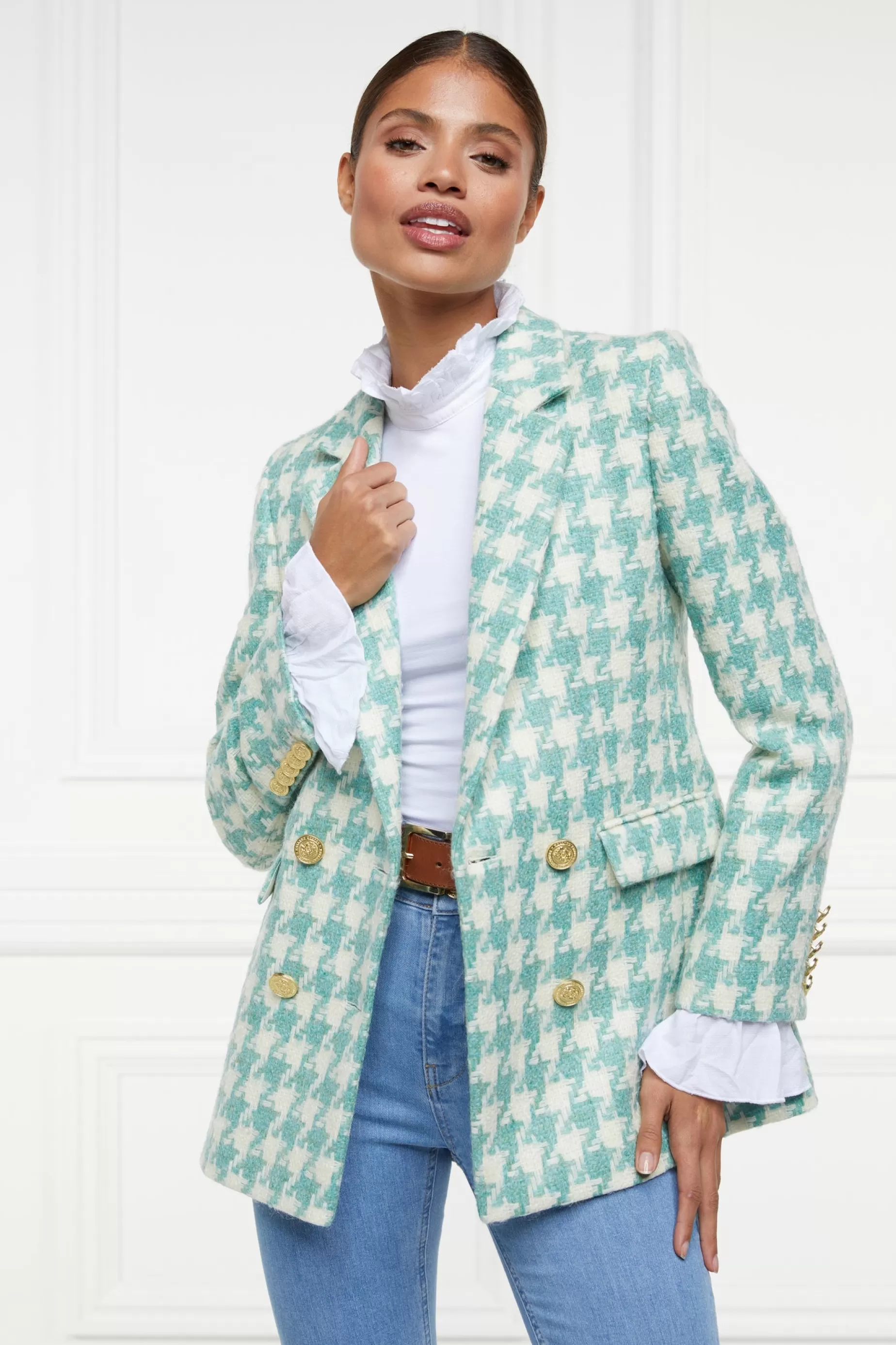 Holland Cooper Blazers | Jackets>Double Breasted Blazer Large Scale Teal Houndstooth