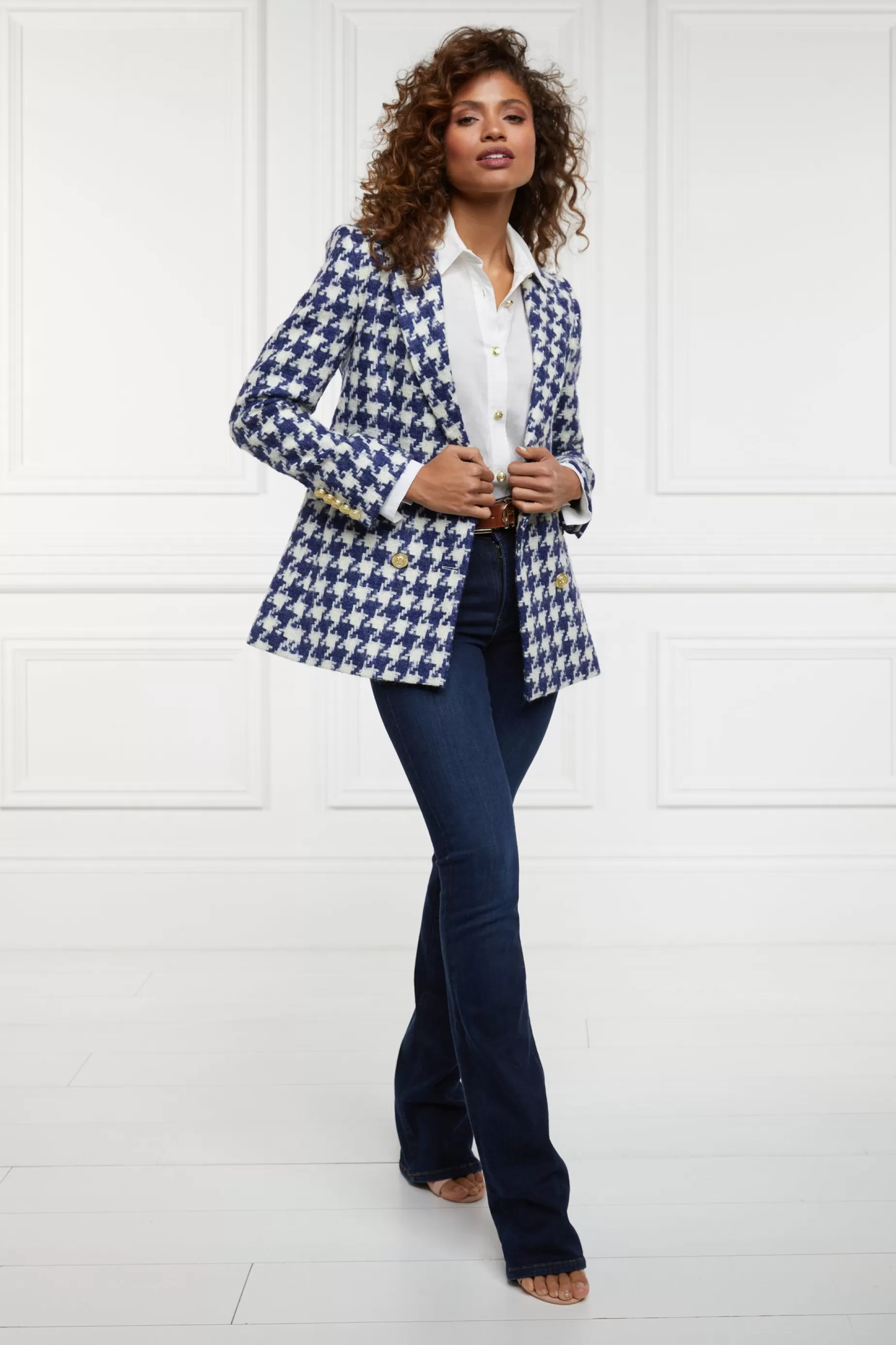 Holland Cooper Blazers | Jackets>Double Breasted Blazer Large Scale Navy Houndstooth