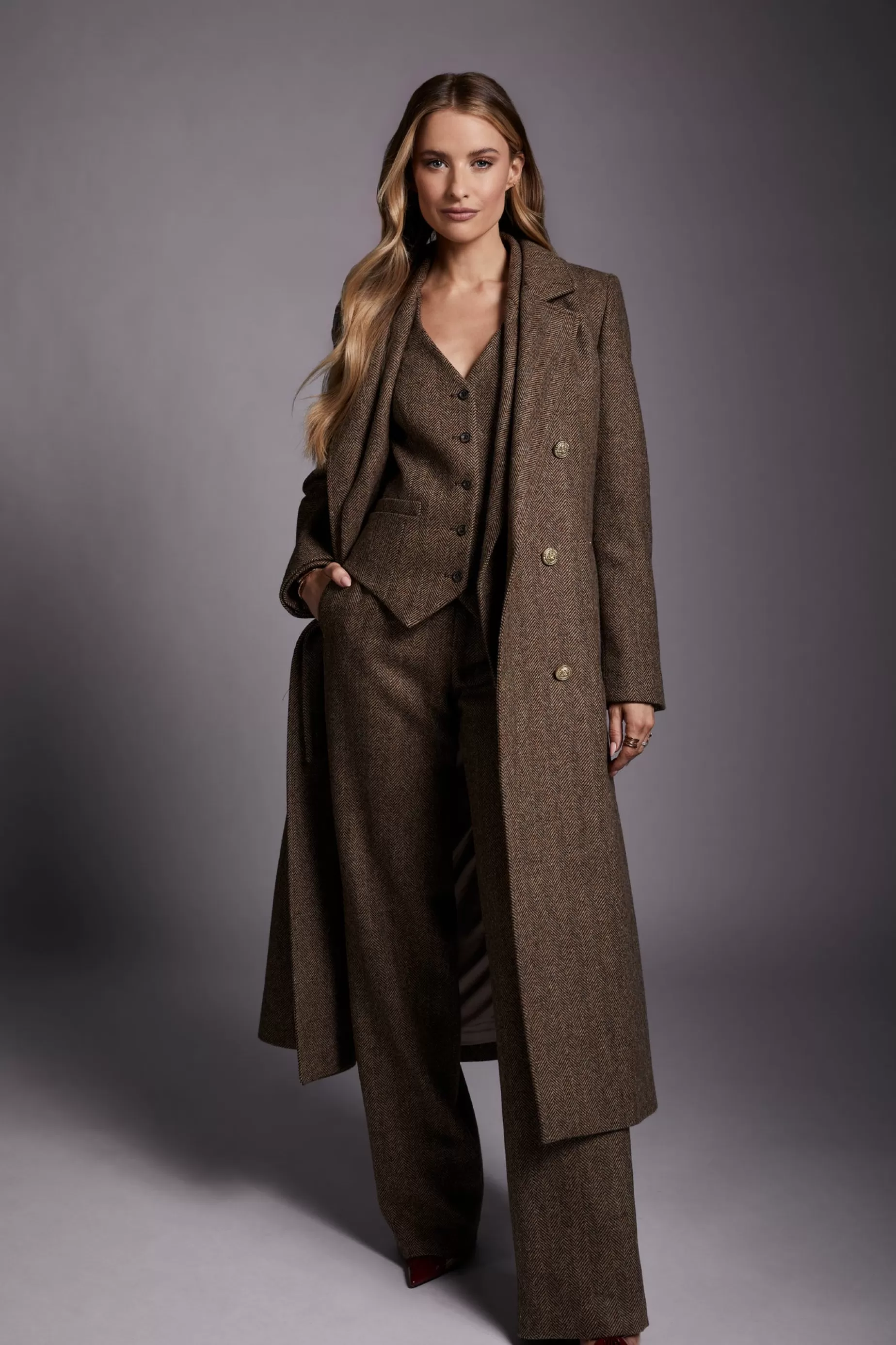 Holland Cooper Coats>Double Breasted Coat Large Scale Brown Herringbone