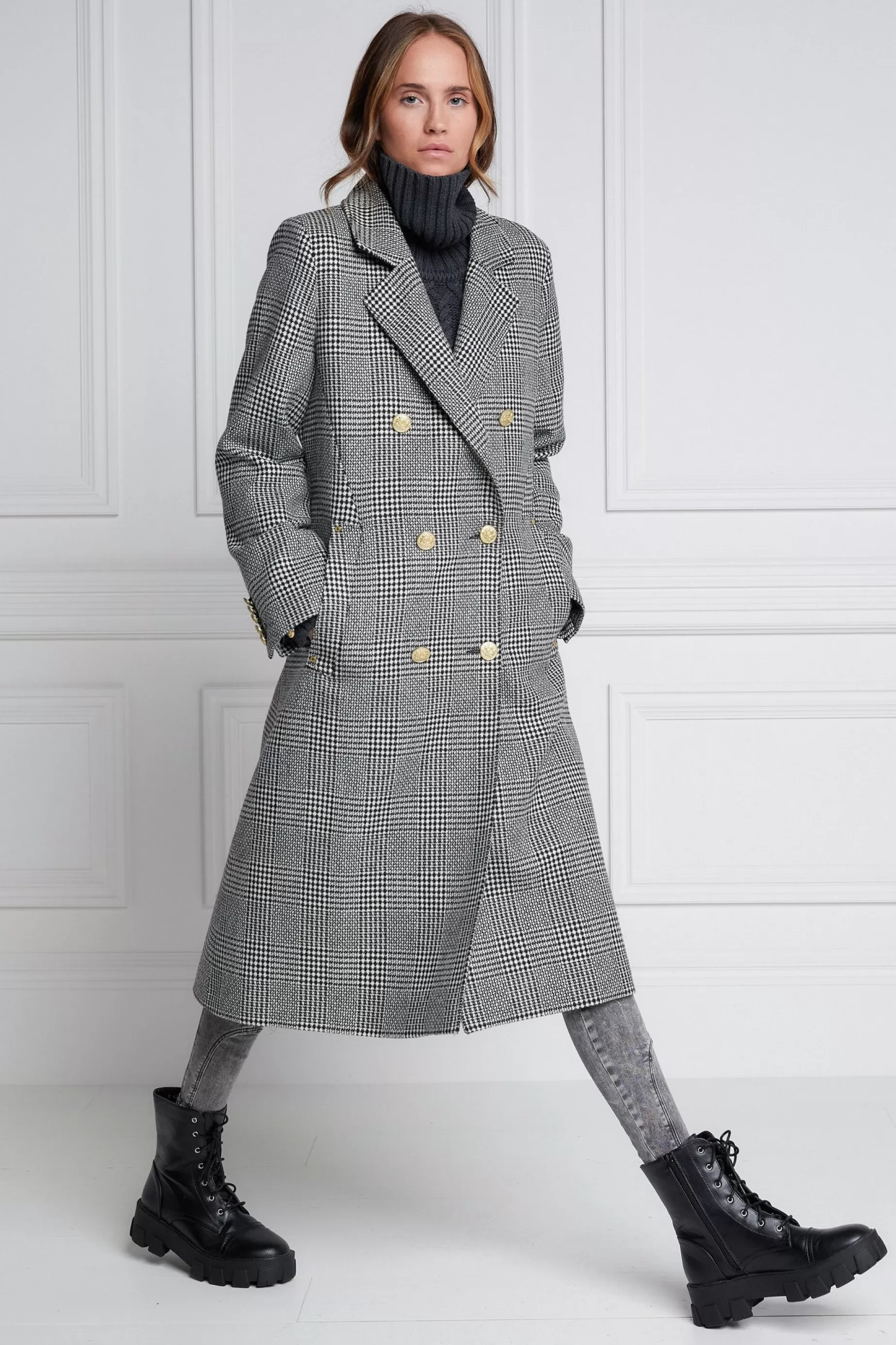 Holland Cooper Coats>Double Breasted Coat Prince of Wales Mono