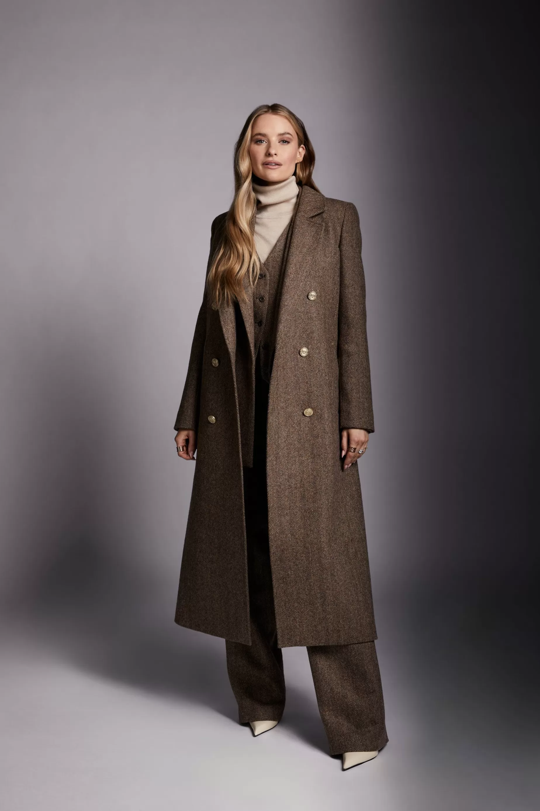 Holland Cooper Coats>Double Breasted Coat Large Scale Brown Herringbone