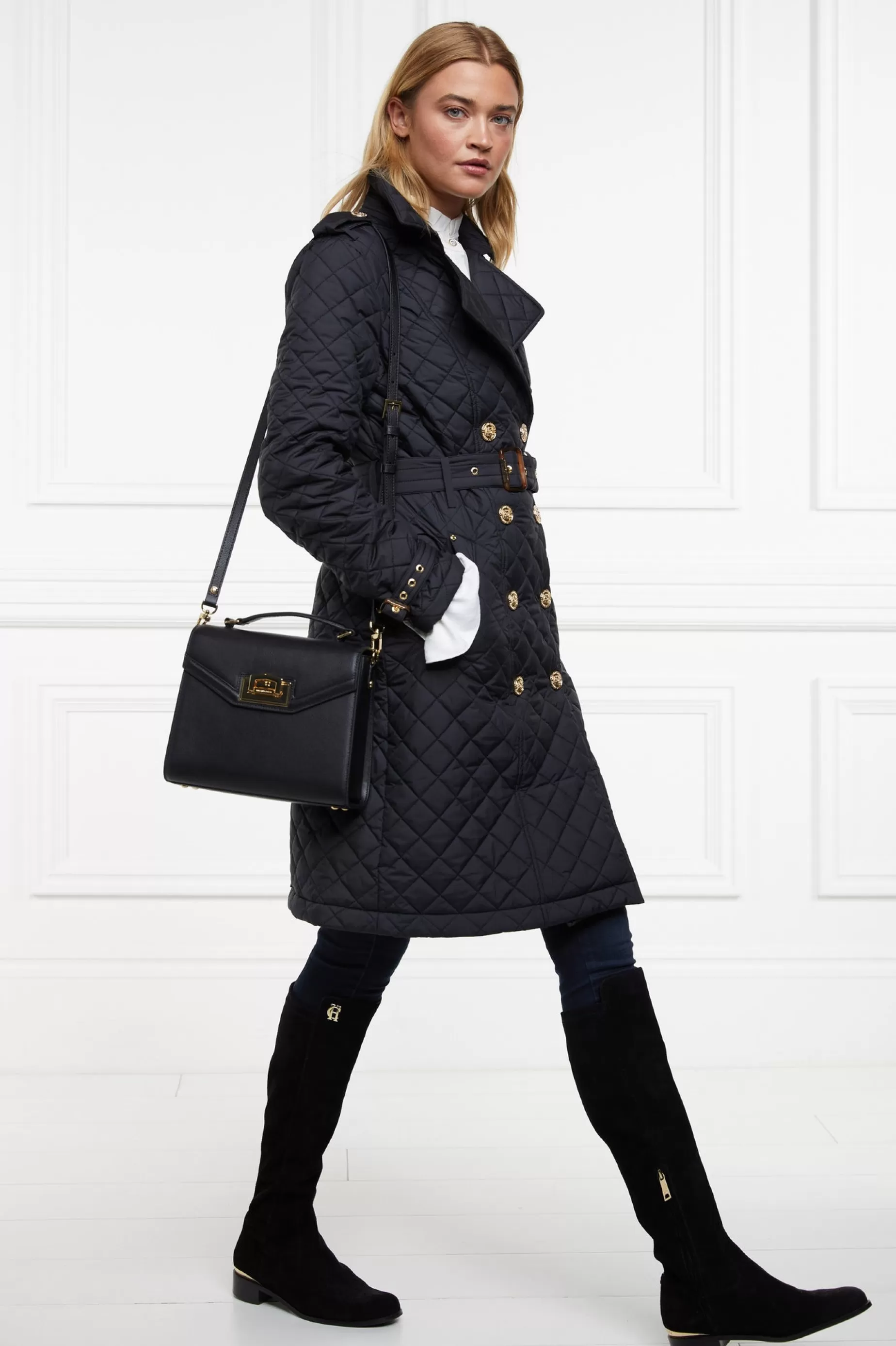 Holland Cooper Trench Coats | Coats>Enstone Quilted Trench Coat Black Gold