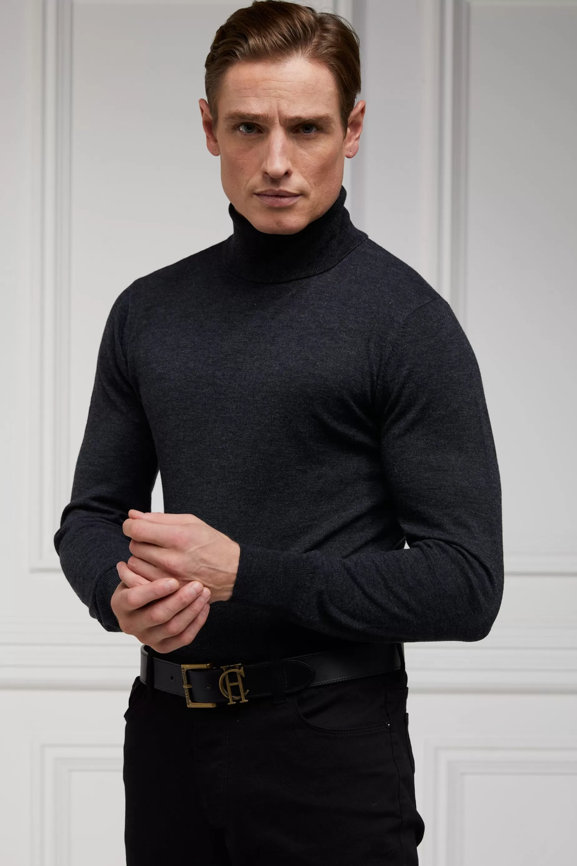 Holland Cooper Gifts For Him | Knitwear>Fine Roll Neck Knit Charcoal