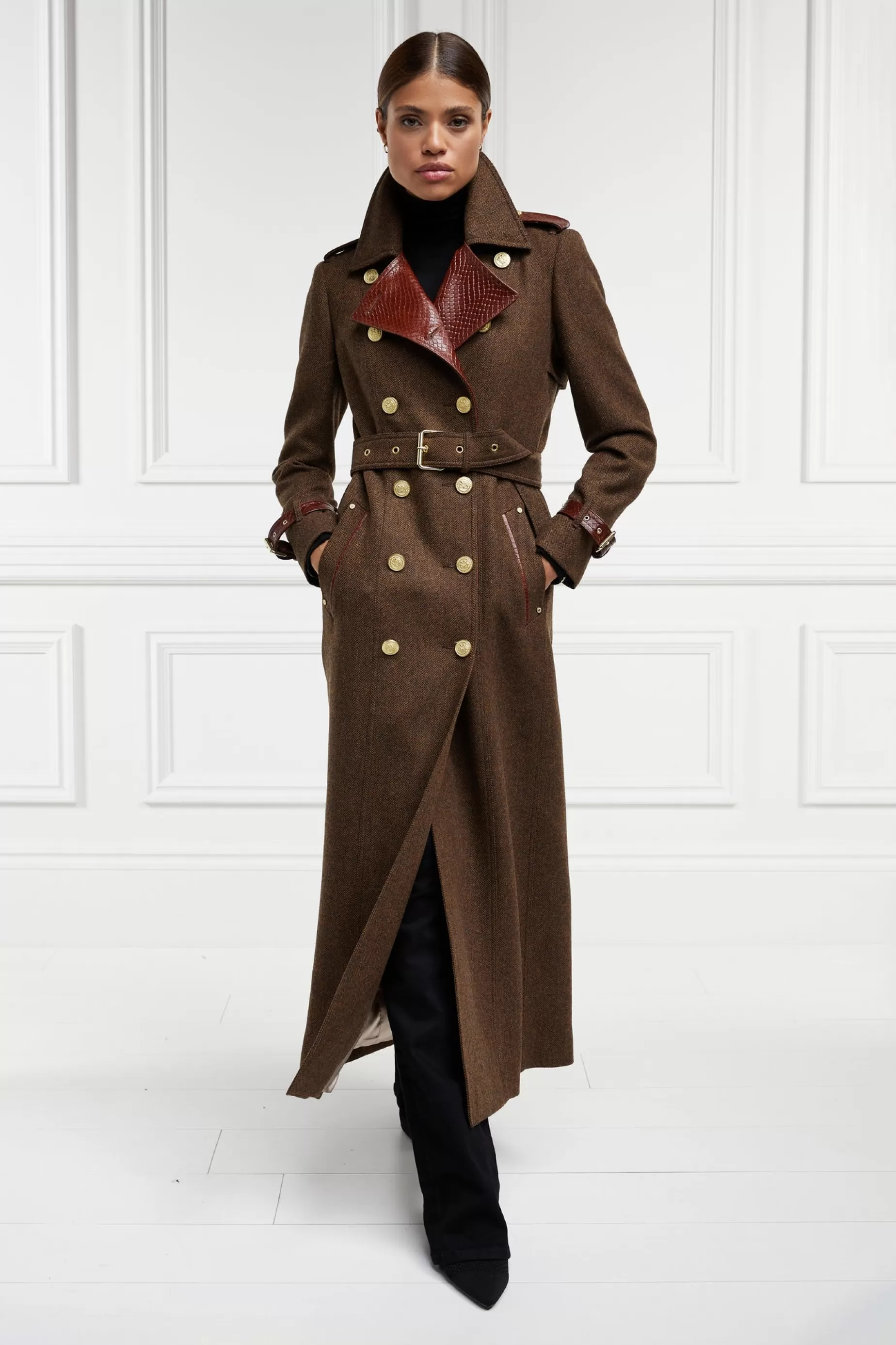 Holland Cooper Trench Coats>Full Length Chelsea Trench Coat Tobacco Herringbone