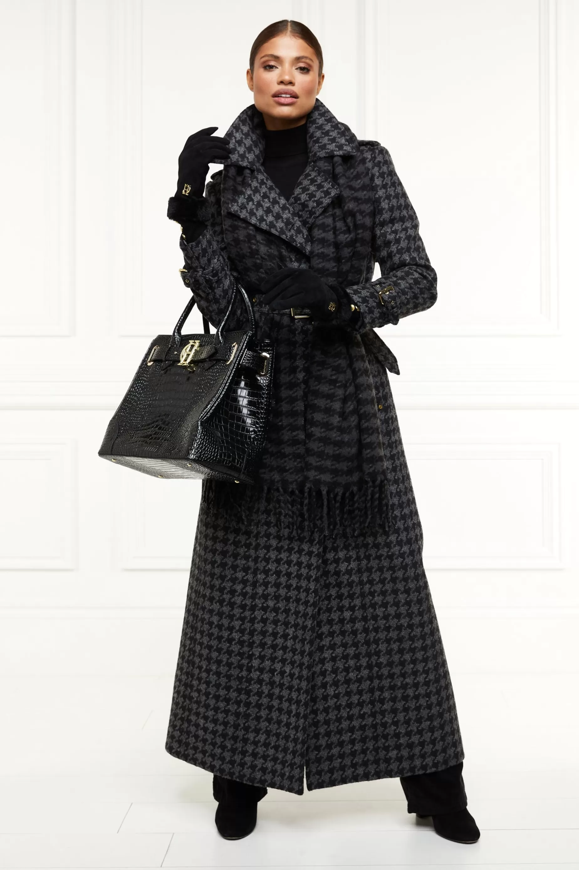 Holland Cooper Gifts For Her | Trench Coats>Full Length Chelsea Trench Coat Large Scale Charcoal Houndstooth