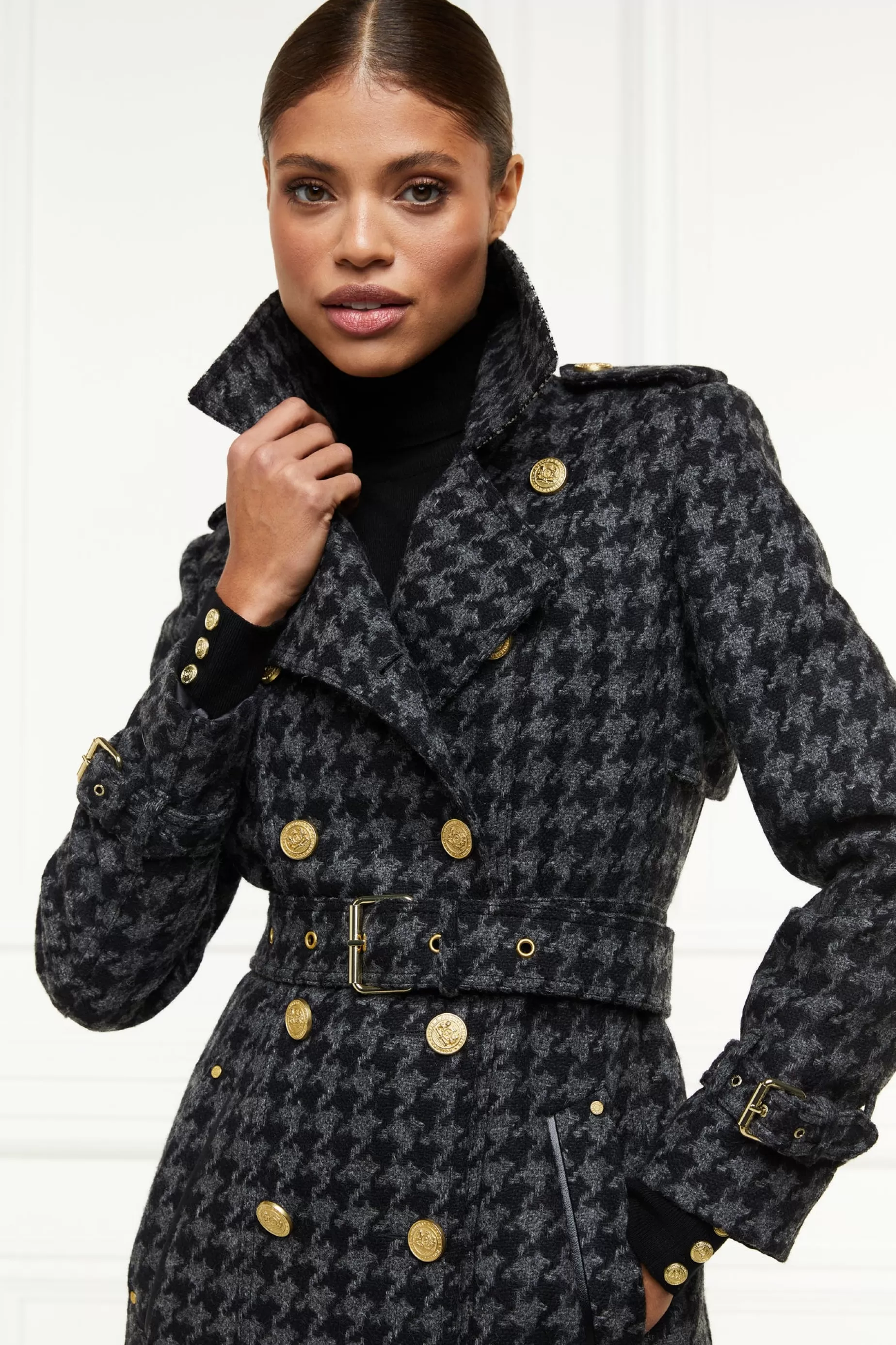 Holland Cooper Gifts For Her | Trench Coats>Full Length Chelsea Trench Coat Large Scale Charcoal Houndstooth