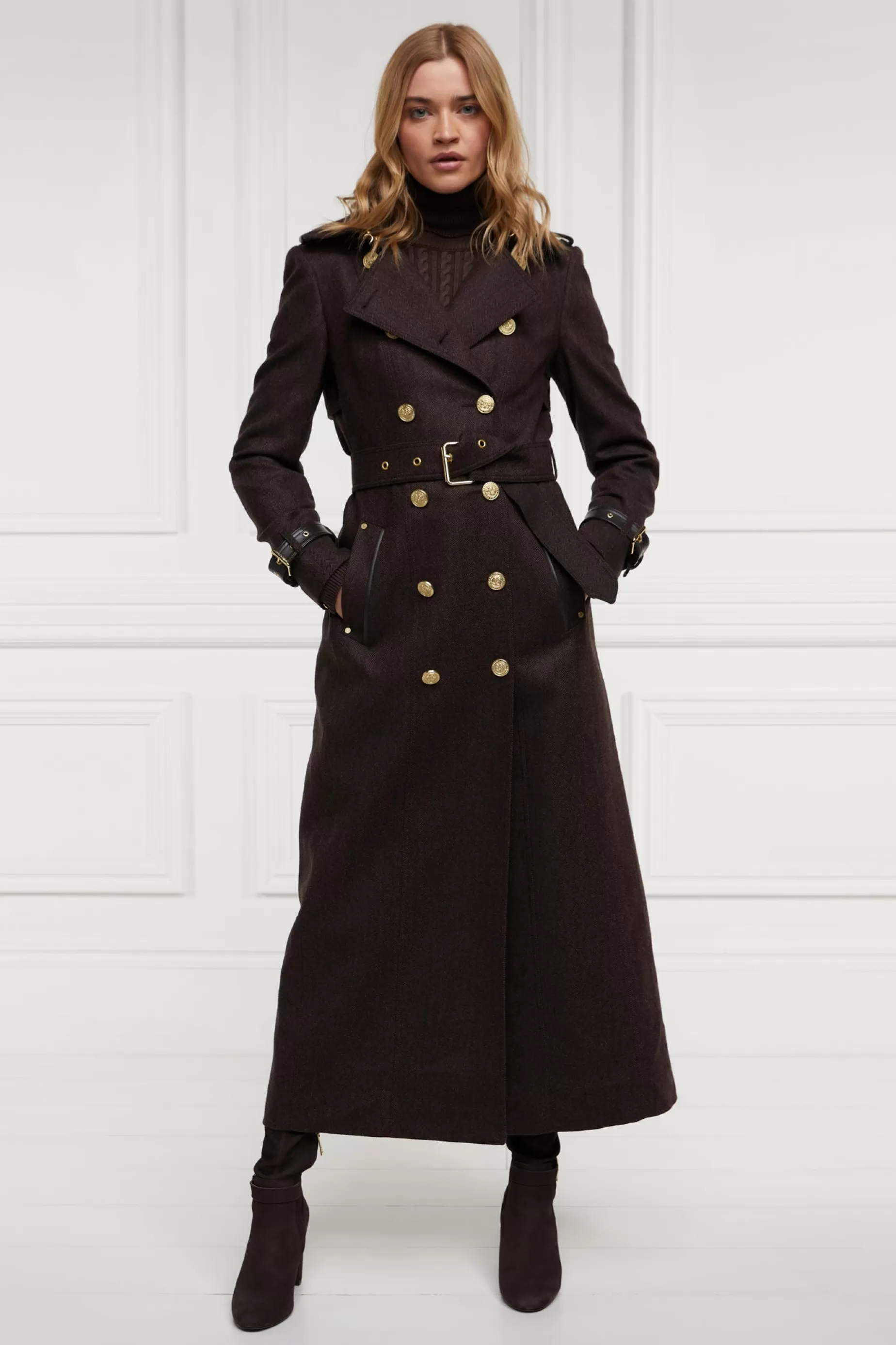 Holland Cooper Trench Coats | Coats>Full Length Marlborough Trench Coat Chocolate Herringbone