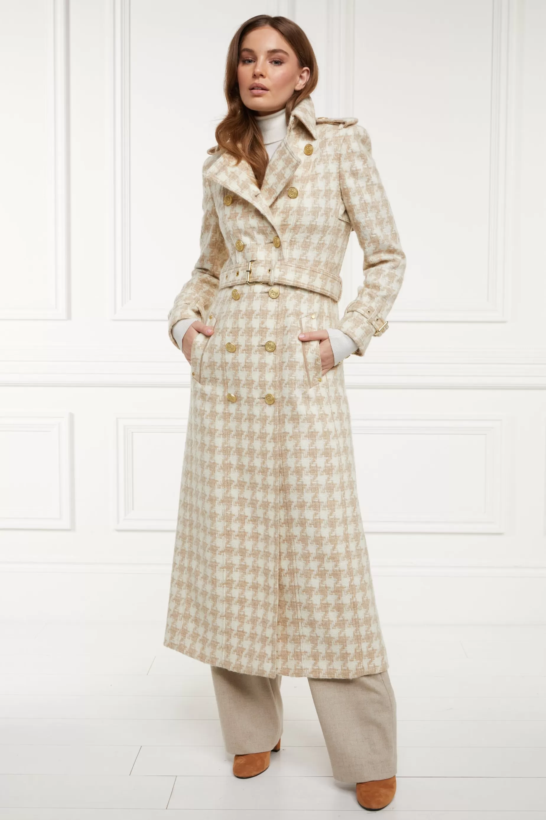 Holland Cooper Trench Coats | Coats>Full Length Marlborough Trench Coat Camel Houndstooth