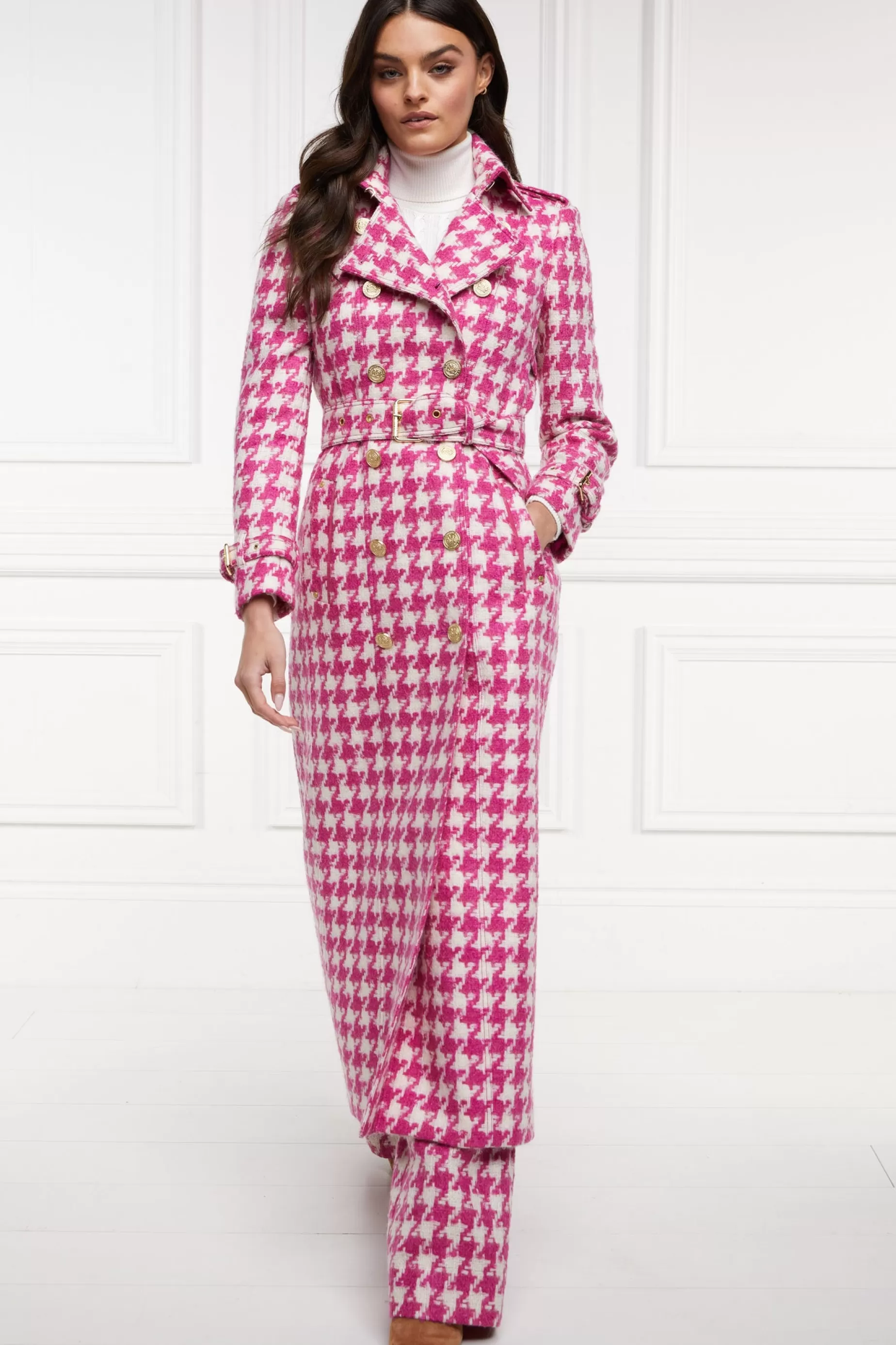 Holland Cooper Gifts For Her | Trench Coats>Full Length Marlborough Trench Coat Hot Pink Large Scale Houndstooth