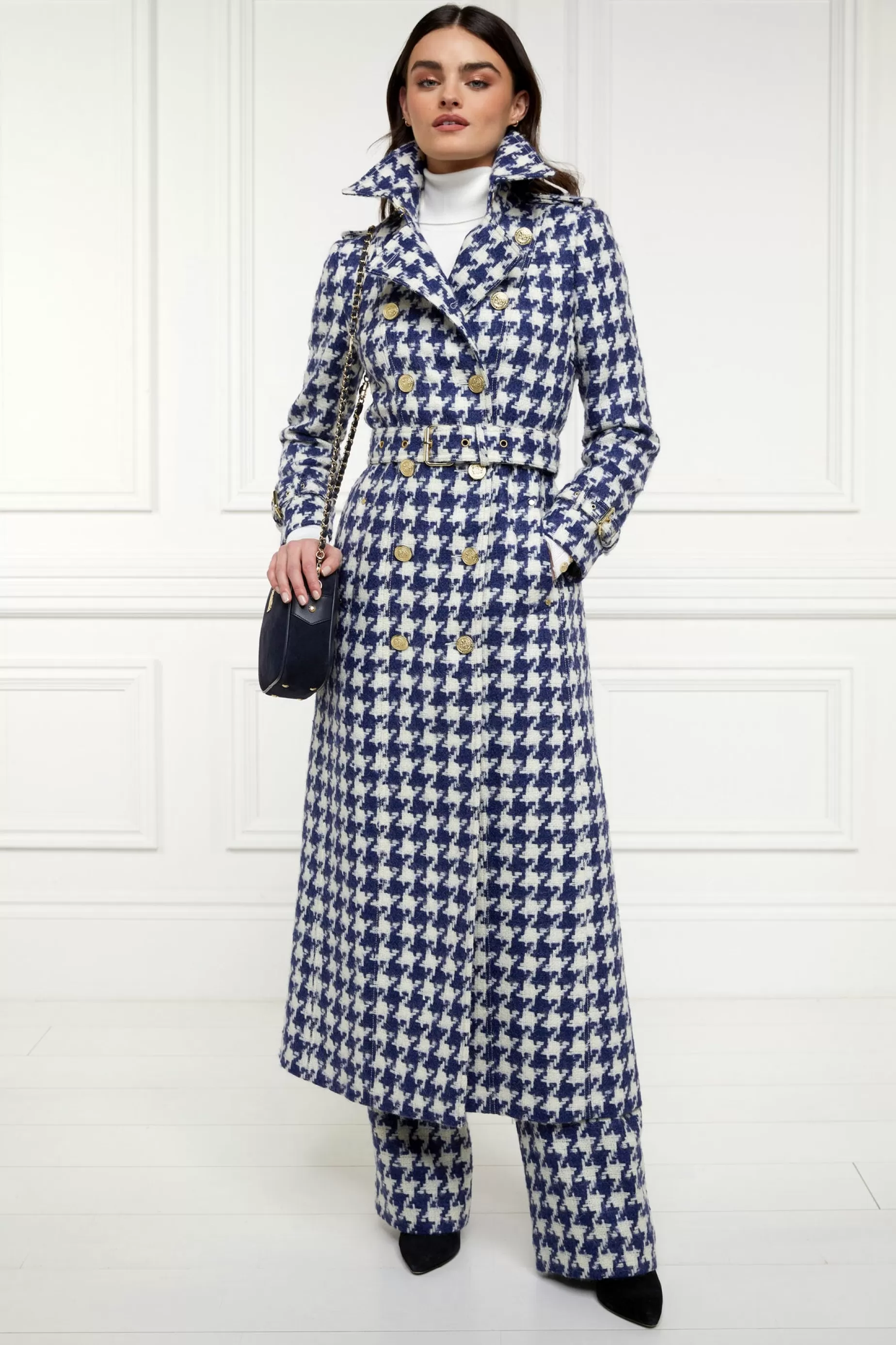 Holland Cooper Trench Coats | Coats>Full Length Marlborough Trench Coat Large Scale Navy Houndstooth