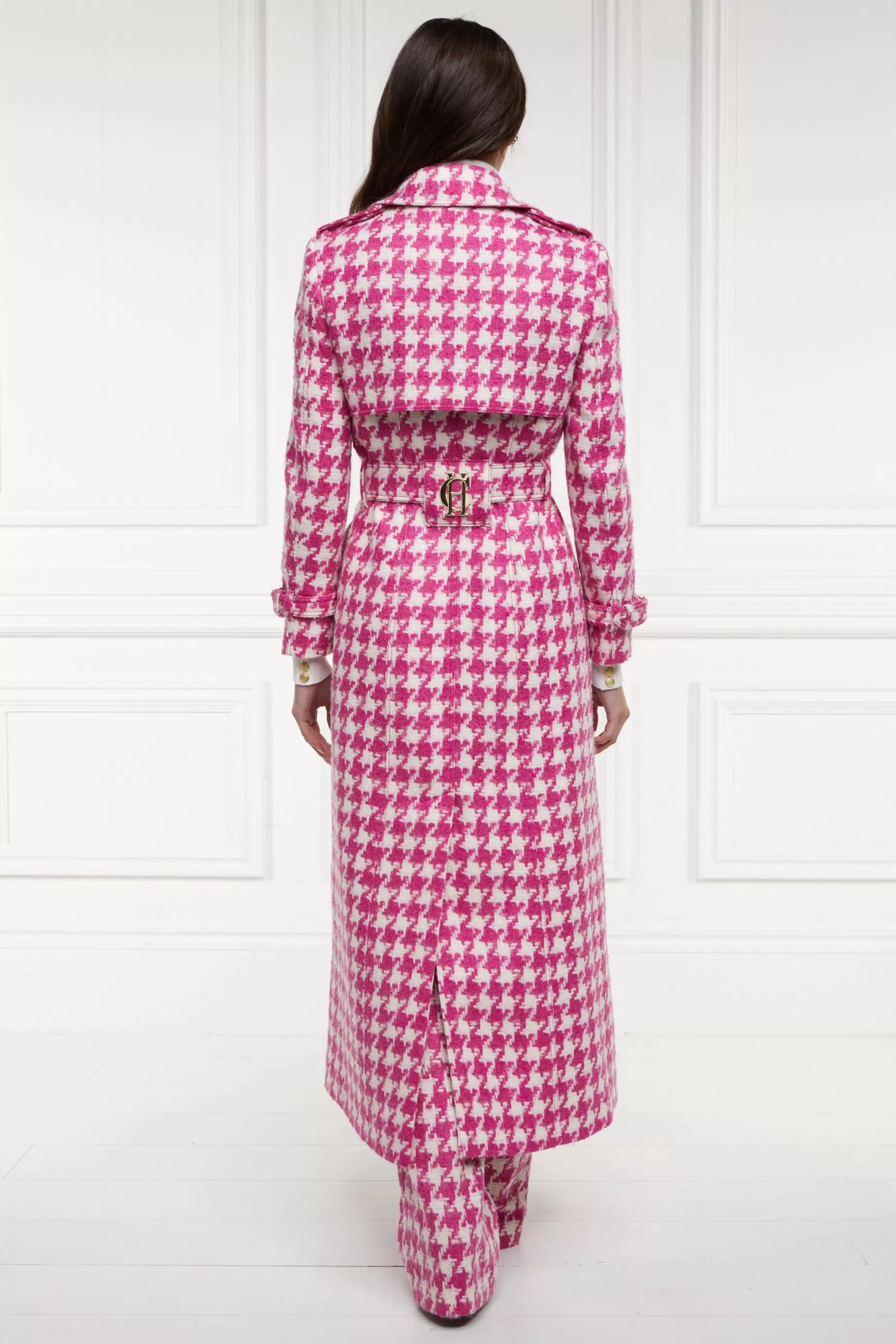 Holland Cooper Gifts For Her | Trench Coats>Full Length Marlborough Trench Coat Hot Pink Large Scale Houndstooth