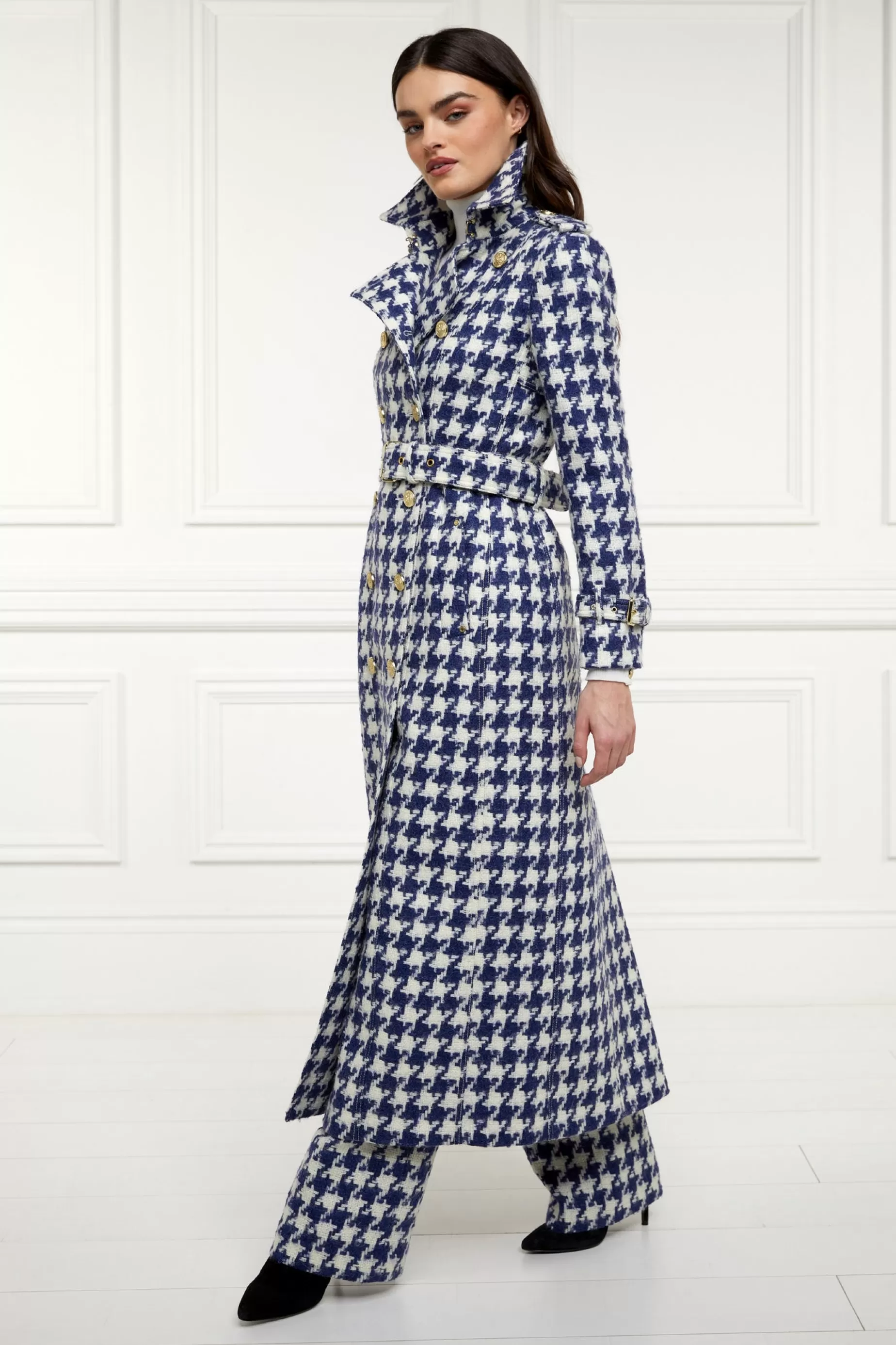 Holland Cooper Trench Coats | Coats>Full Length Marlborough Trench Coat Large Scale Navy Houndstooth