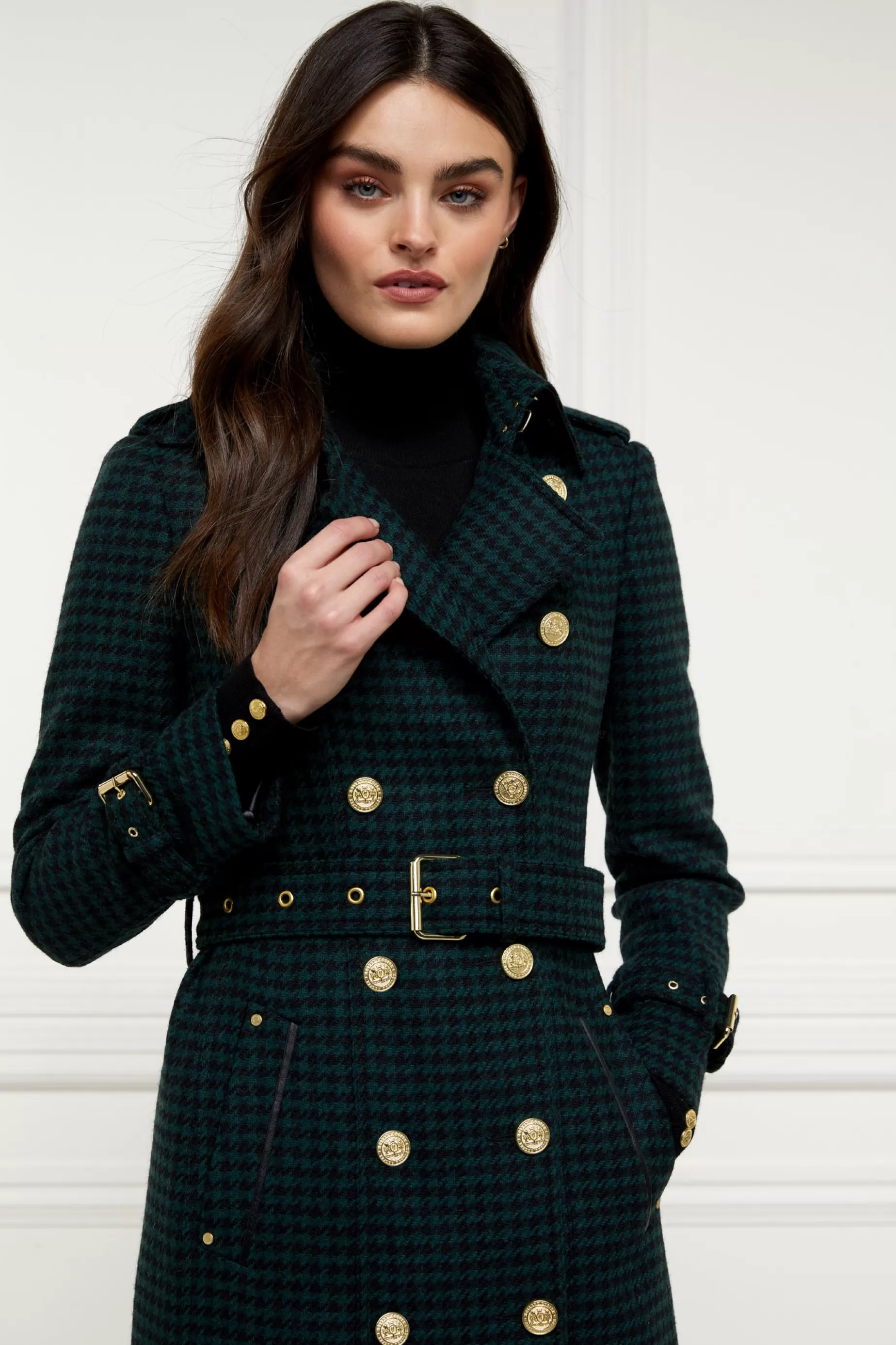 Holland Cooper Trench Coats | Coats>Full Length Marlborough Trench Coat Emerald Houndstooth