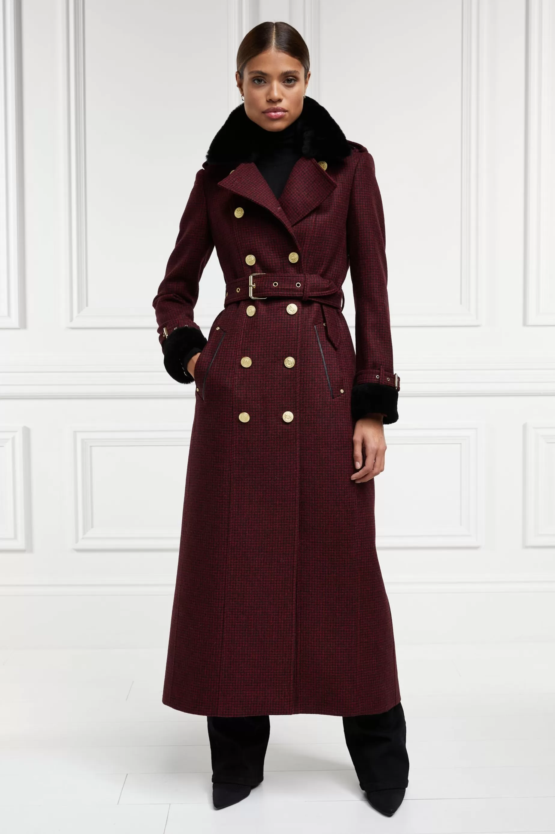 Holland Cooper Trench Coats | Coats>Gold Label Trench Deep Red Houndstooth