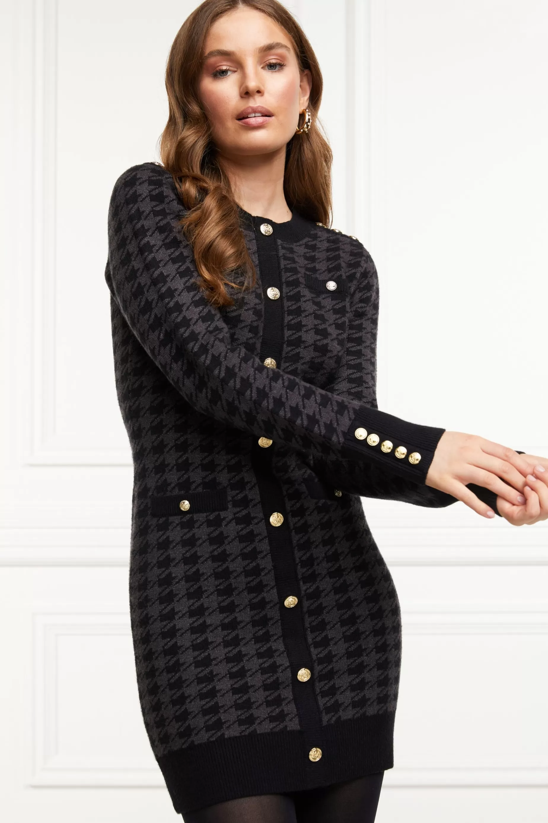 Holland Cooper Dresses>Hepburn Mini Dress Grey Houndstooth