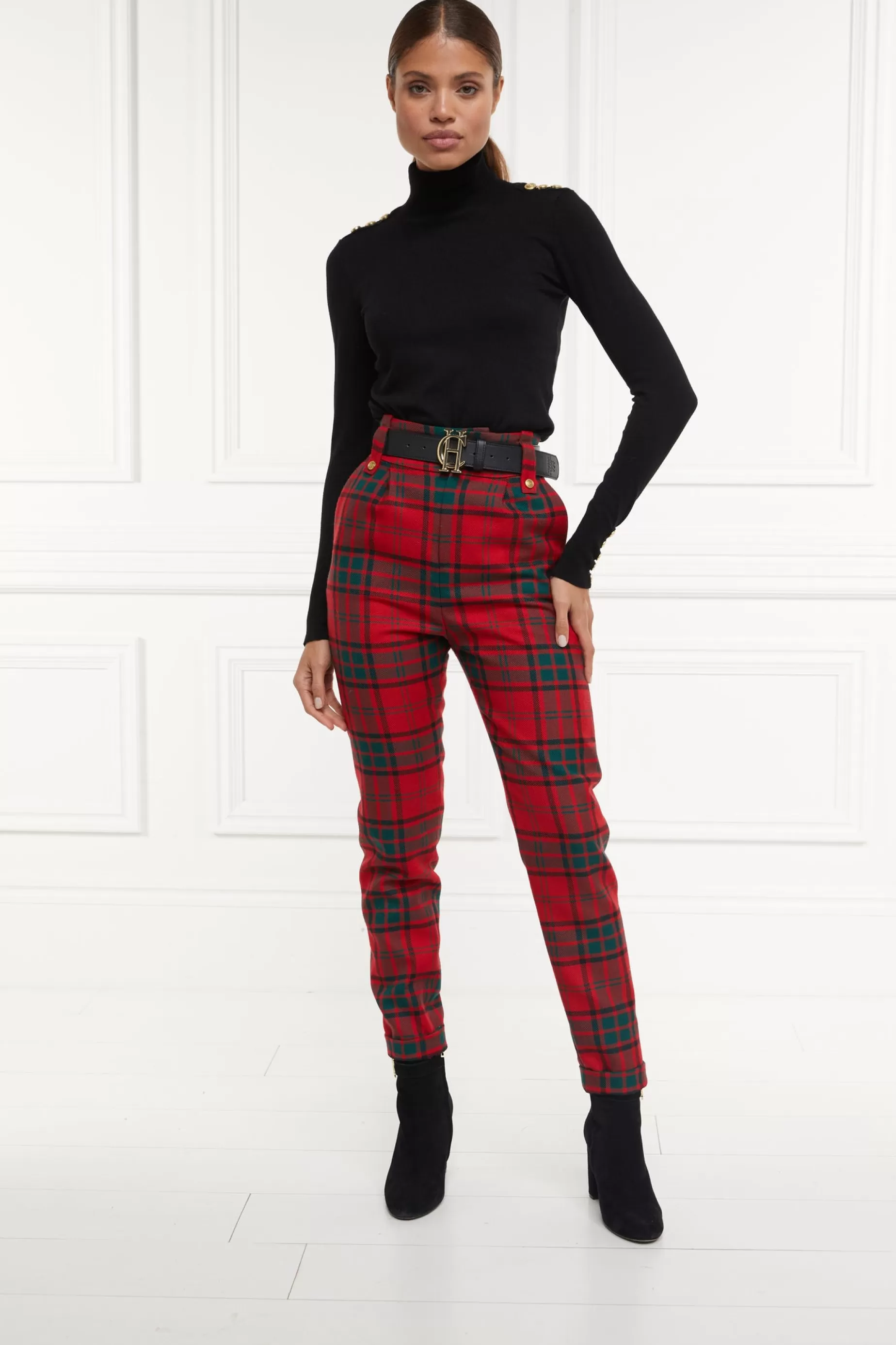 Holland Cooper Trousers>High Waisted Peg Trouser Red Tartan