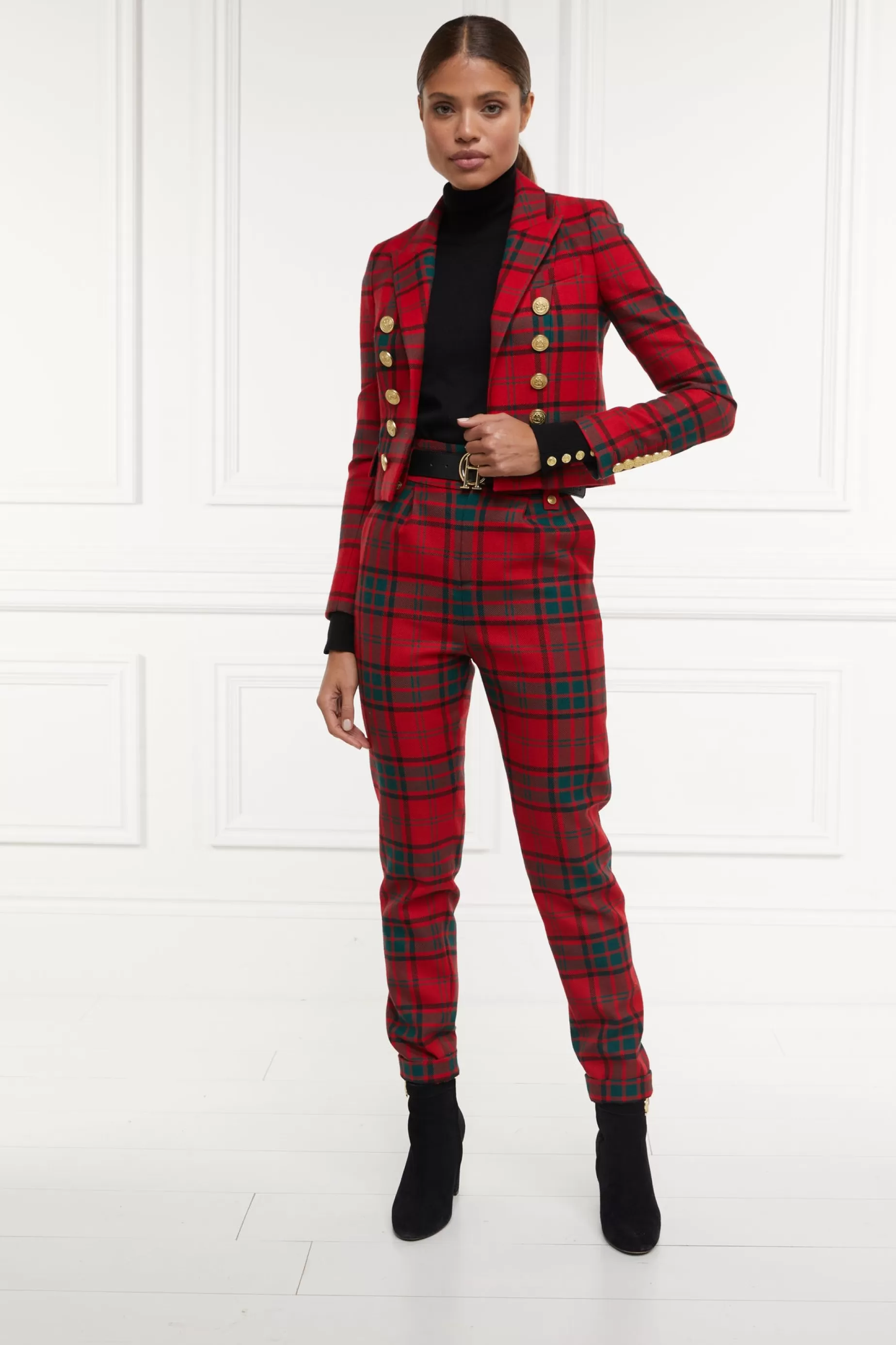 Holland Cooper Trousers>High Waisted Peg Trouser Red Tartan