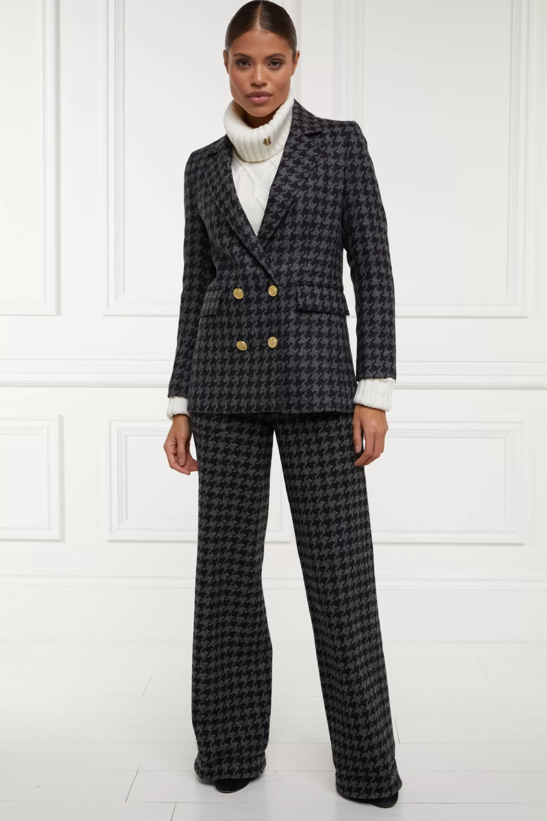 Holland Cooper Trousers | In Stock Tailoring>High Waisted Straight Trouser Large Scale Charcoal Houndstooth