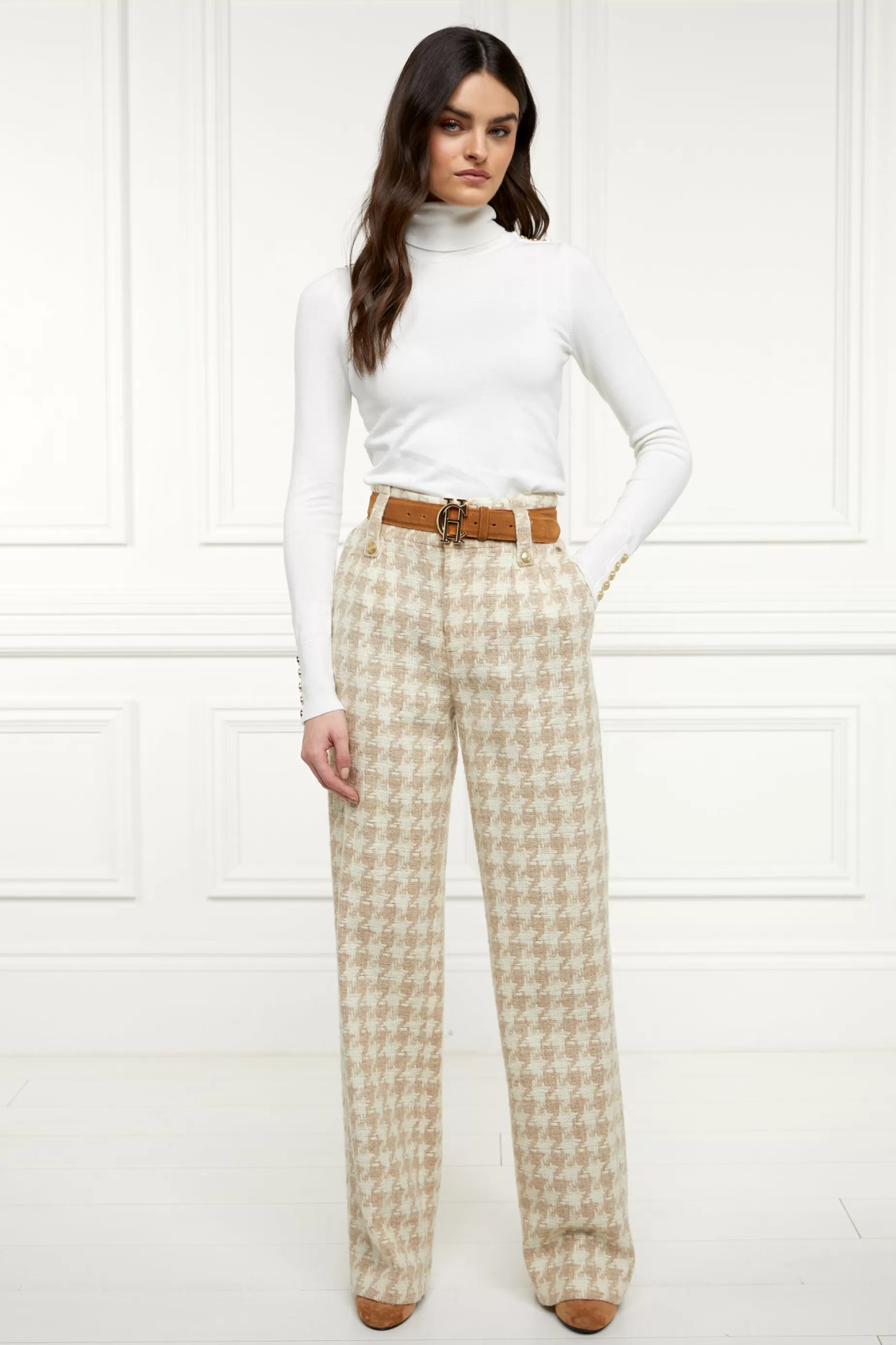 Holland Cooper Trousers | In Stock Tailoring>High Waisted Straight Trouser Camel Houndstooth