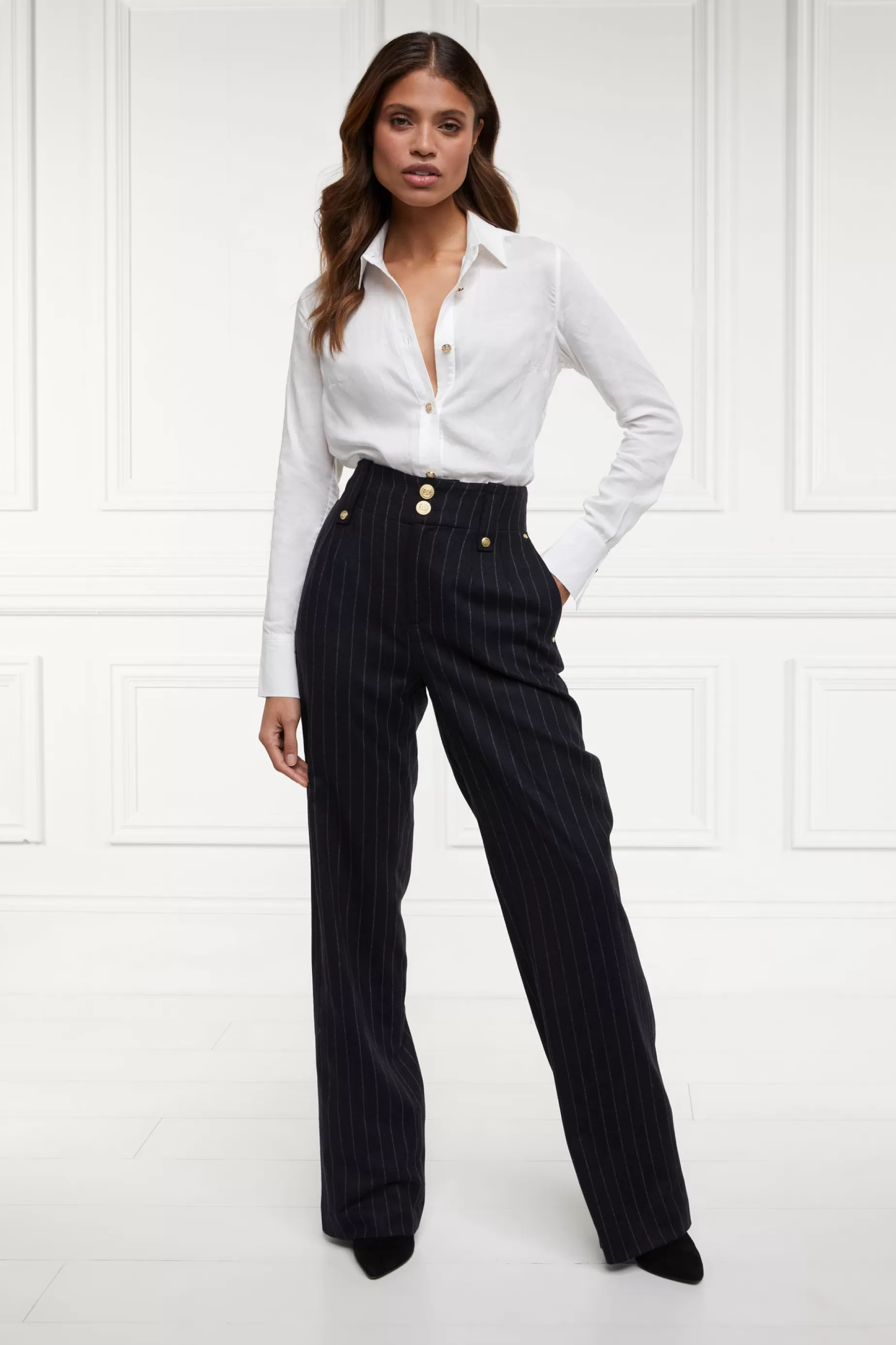 Holland Cooper Gifts For Her | Trousers>High Waisted Straight Trouser Navy Chalk Pin Stripe