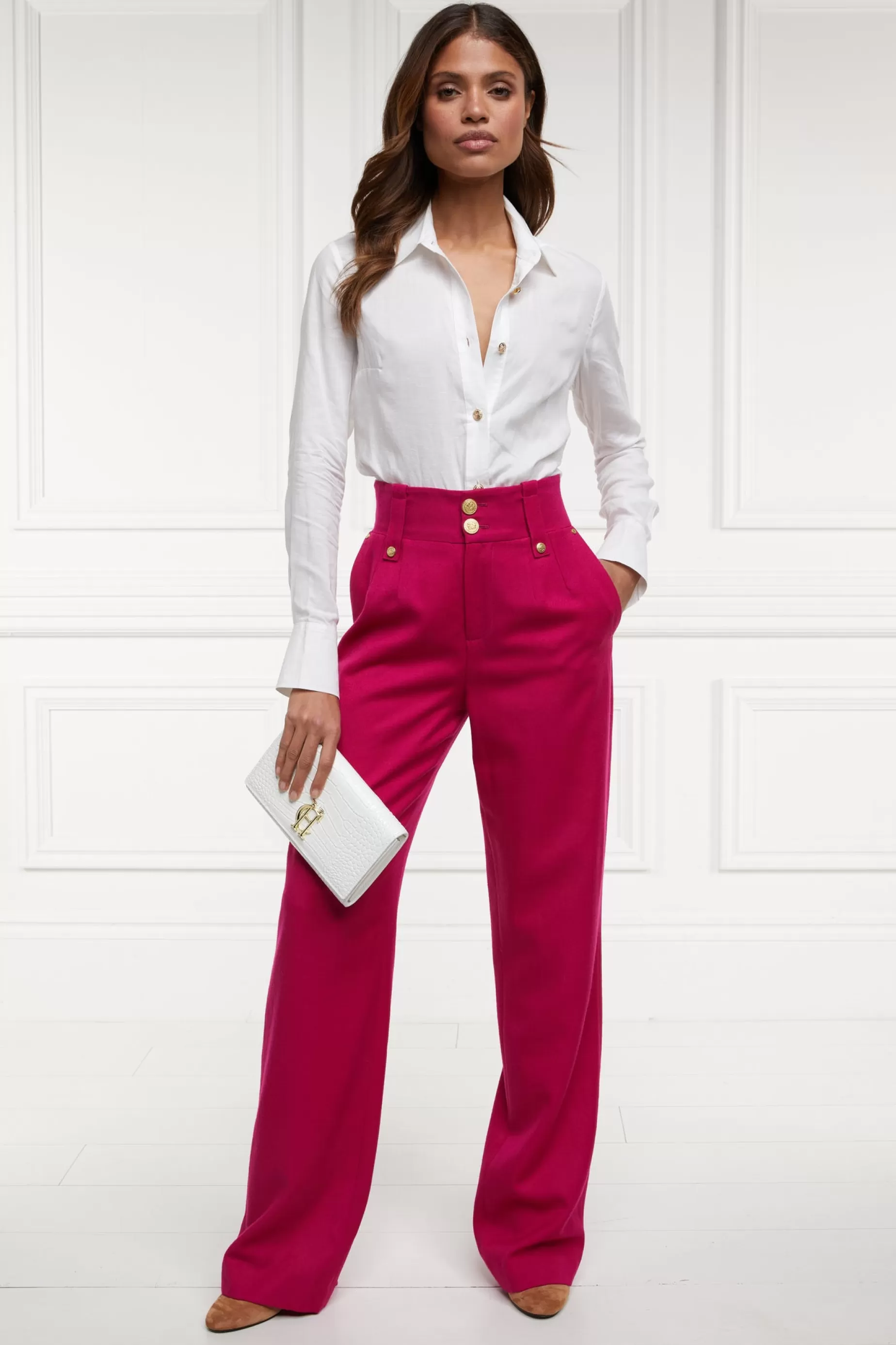 Holland Cooper Gifts For Her | Trousers>High Waisted Straight Trouser Hot Pink Barathea