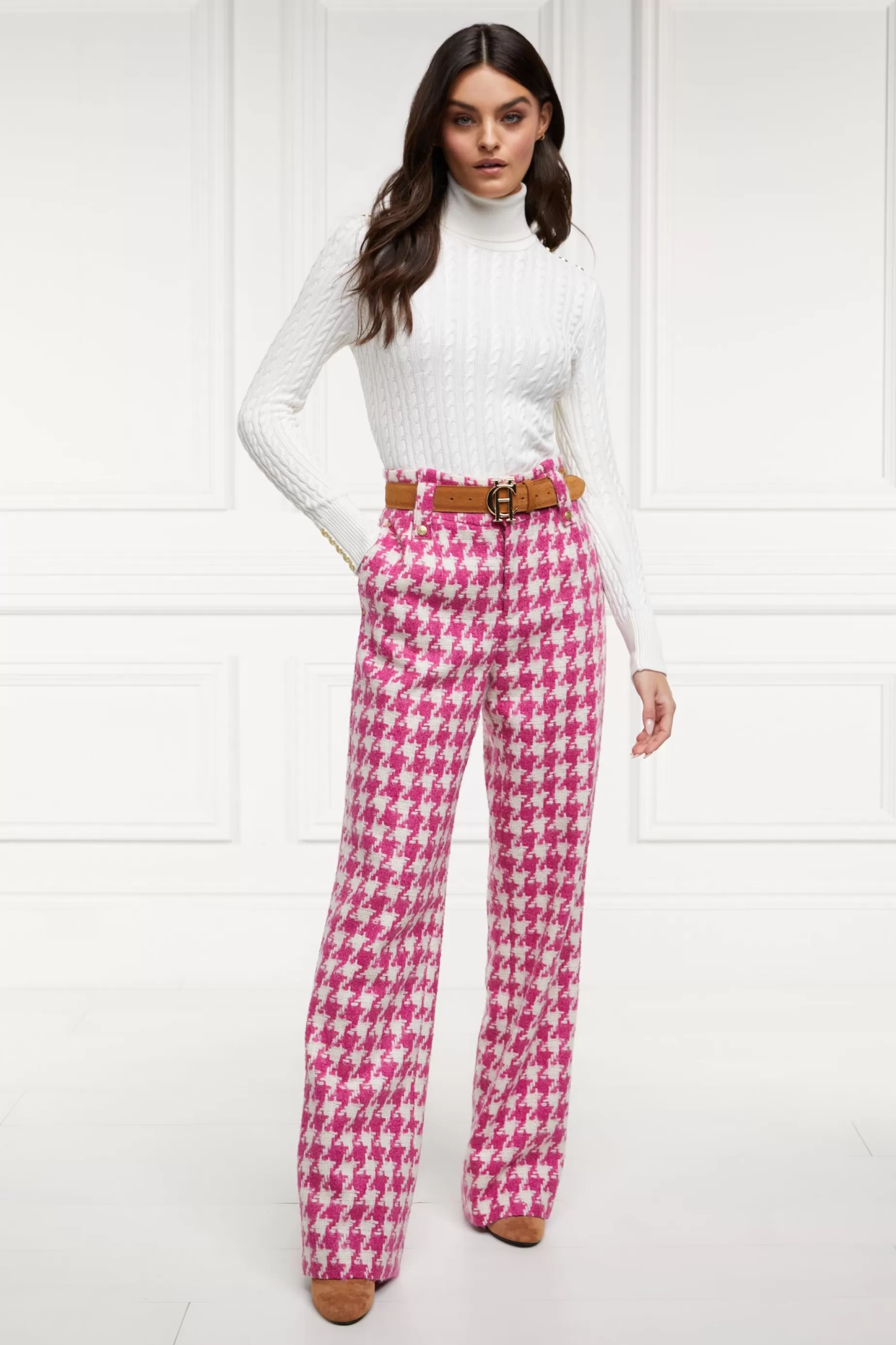 Holland Cooper Gifts For Her | Trousers>High Waisted Straight Trouser Hot Pink Large Scale Houndstooth