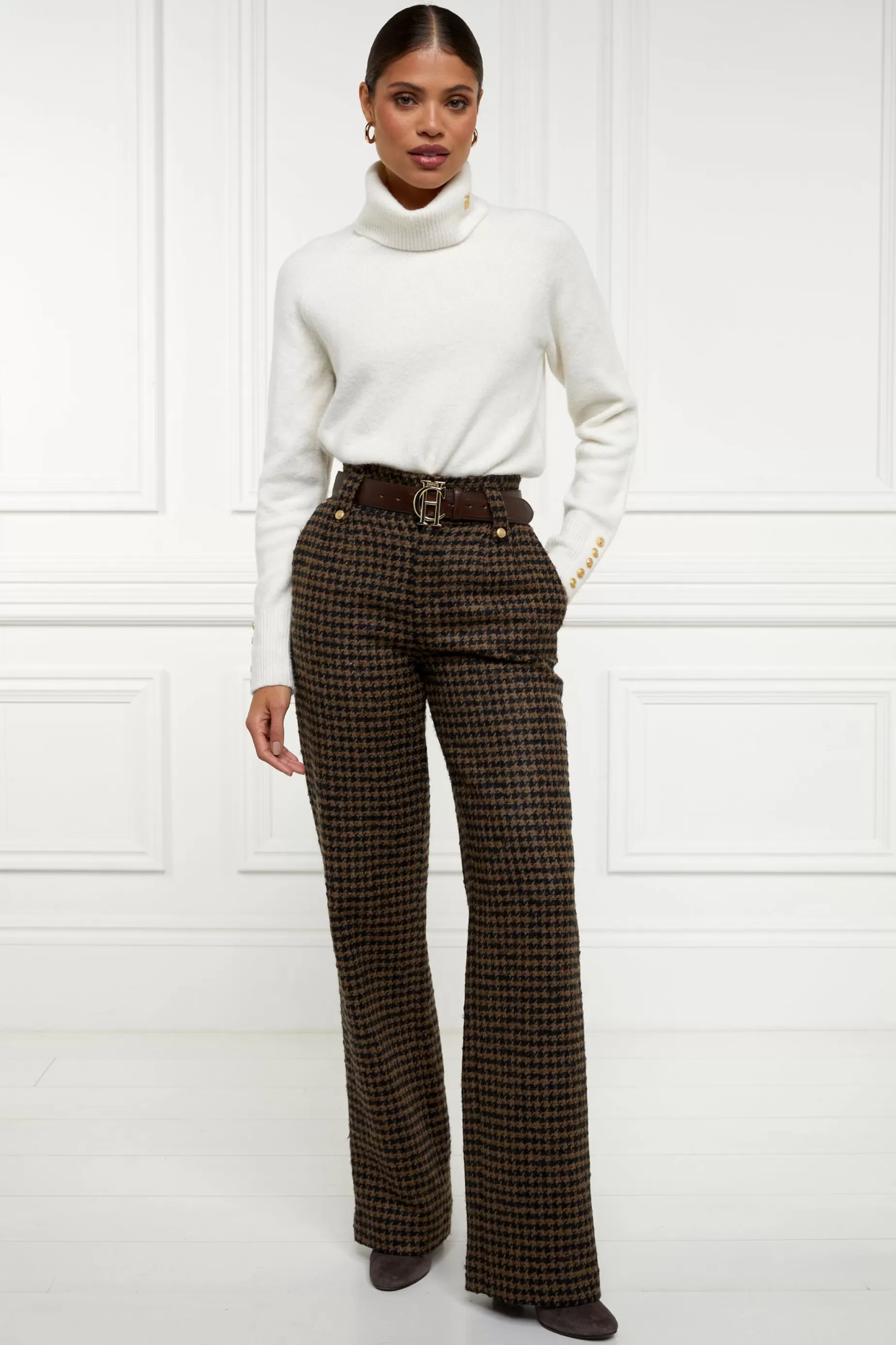 Holland Cooper Trousers | Shop By Product>High Waisted Straight Trouser Chocolate Houndstooth