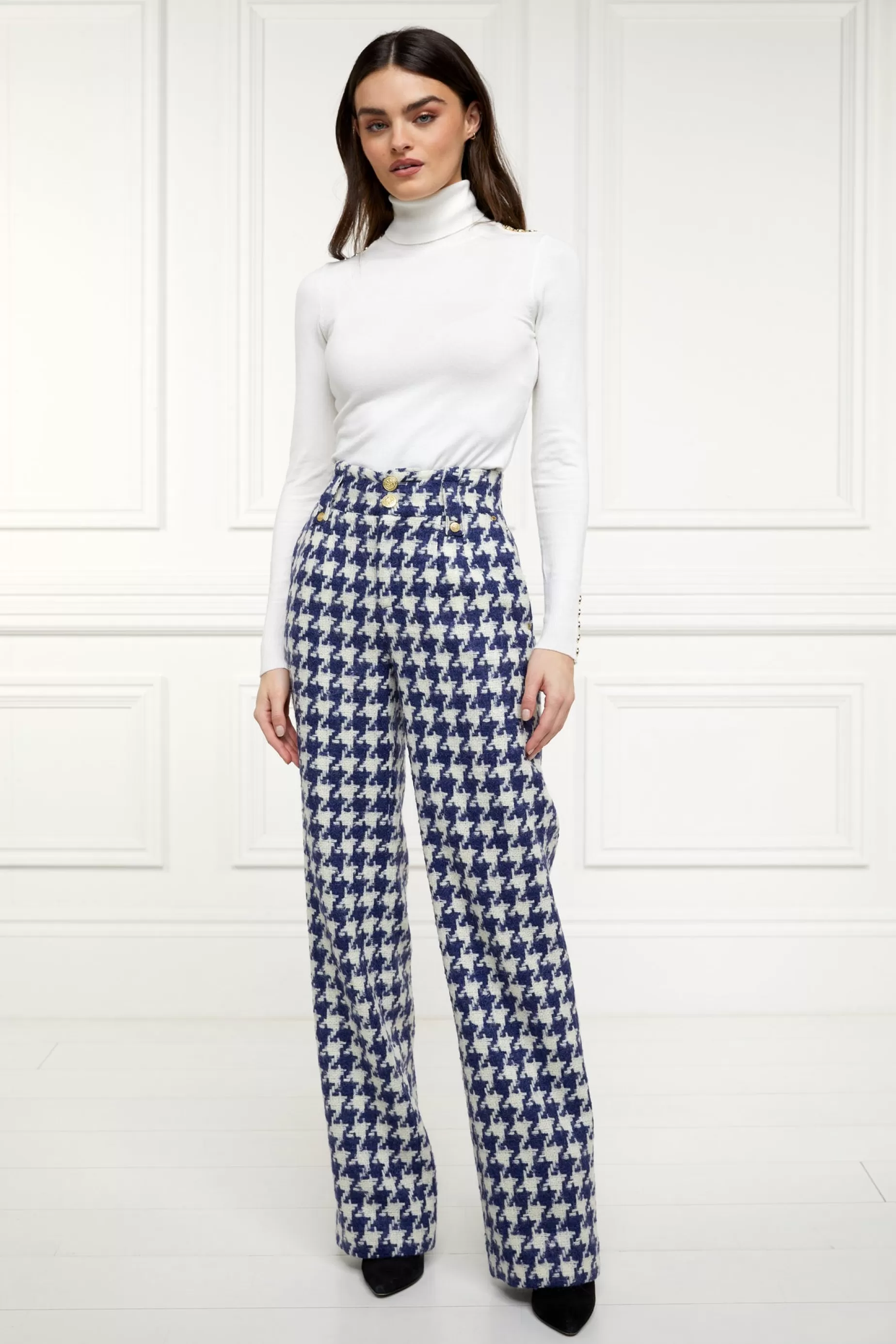 Holland Cooper Trousers | Seasonal Inspiration>High Waisted Straight Trouser Large Scale Navy Houndstooth