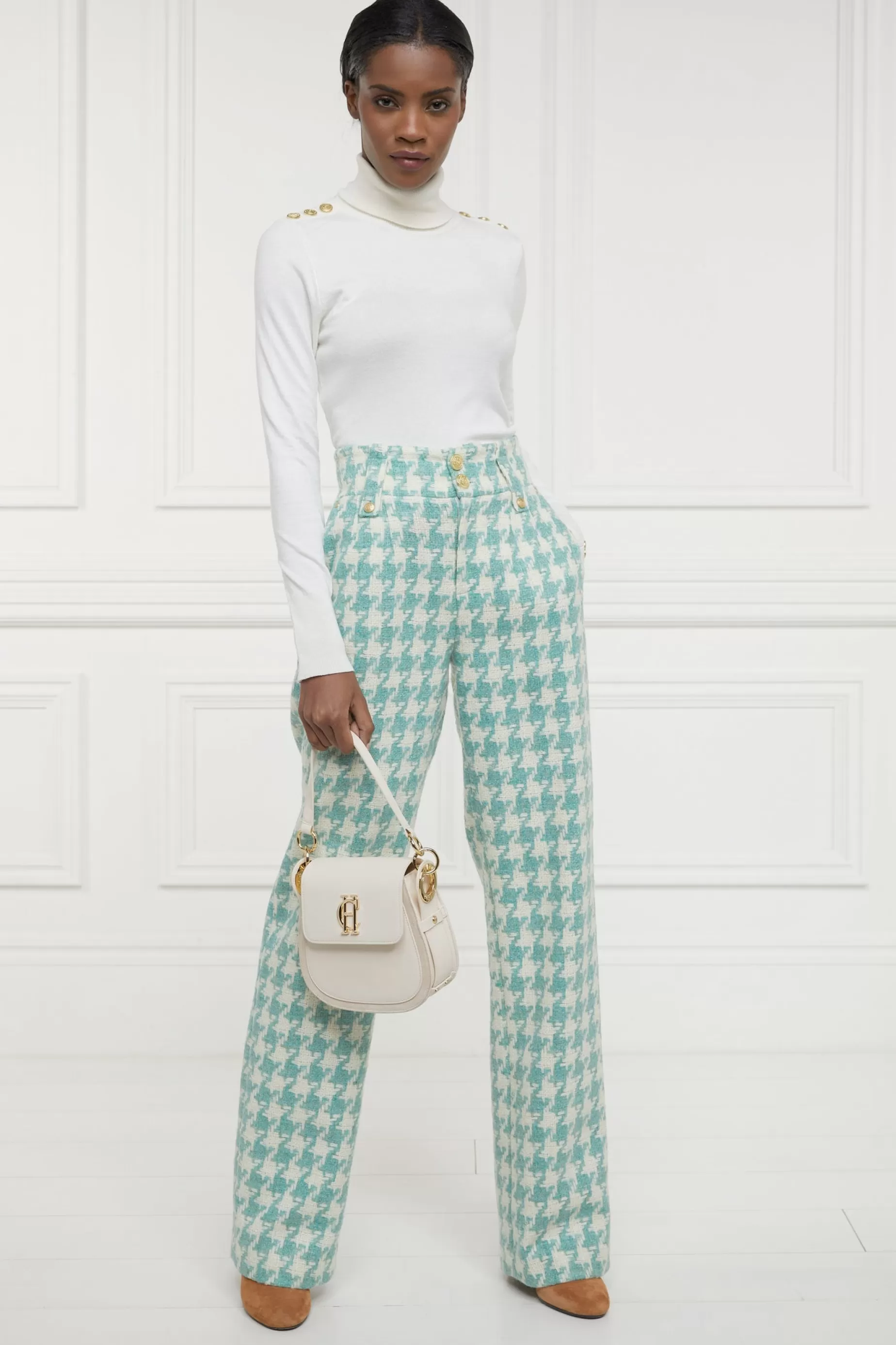 Holland Cooper Trousers | Workwear Wardrobe>High Waisted Straight Trouser Large Scale Teal Houndstooth