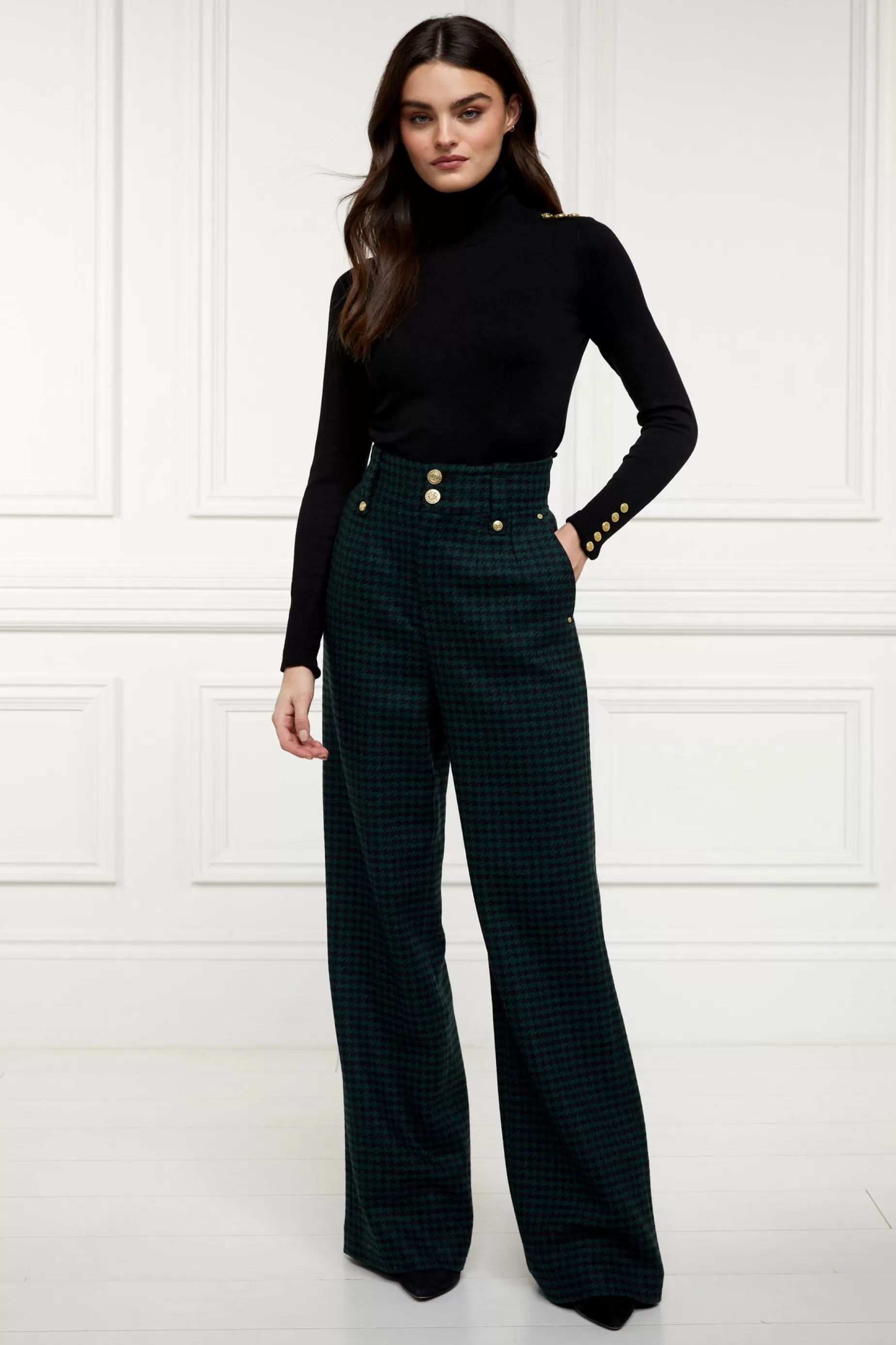 Holland Cooper Trousers>High Waisted Straight Trouser Emerald Houndstooth